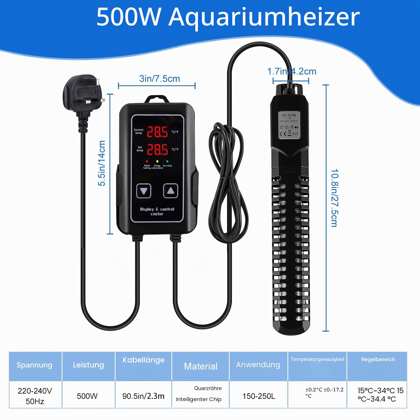 Aquarium Heizung, 500W Einstellbare Aquarium Heizstab mit Externem Digitalanzeige LED Controller, Übertemperaturschutz, Heizung für Aquarien für Salz- und Süßwasser(100-300L)