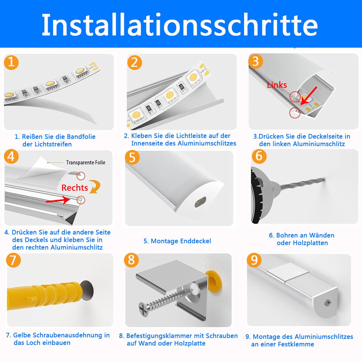 LED Kanal Schwarz, 6X1M Stripe Profil V Form Aluminium Profil für 10mm LED Streifen, Stripes Kanäle Leiste Aluprofil Eckprofil Strip Diffusor mit Milchig Weißer Abdeckung und 45 Grad Eckverbindern
