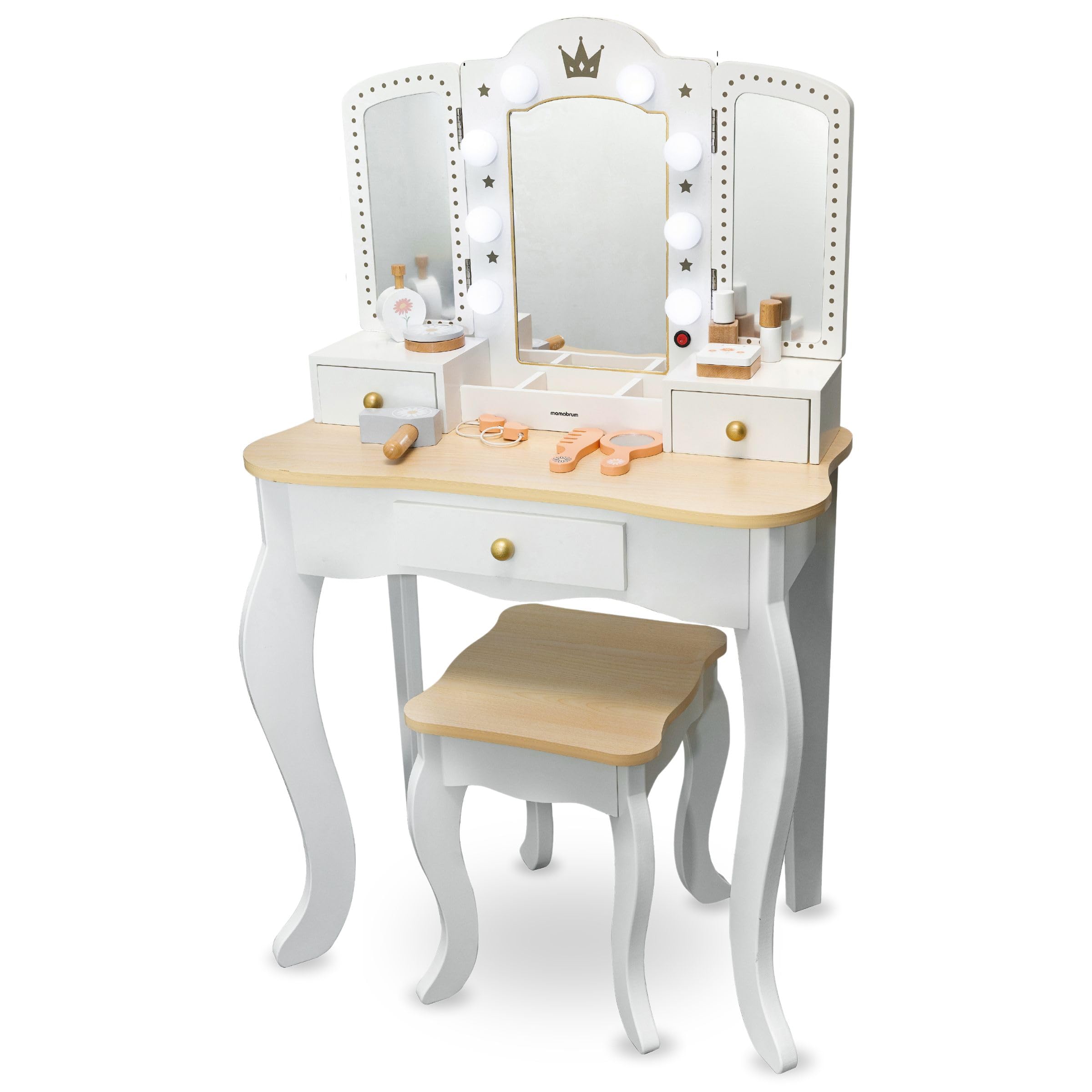 mamabrum Tavolo da Toeletta per Bambini XXL in Legno con Sgabello & Specchio LED – Coiffeuse con Cassetto e Accessori – Scrivania 2-in-1 per Bambine dai 3 Anni