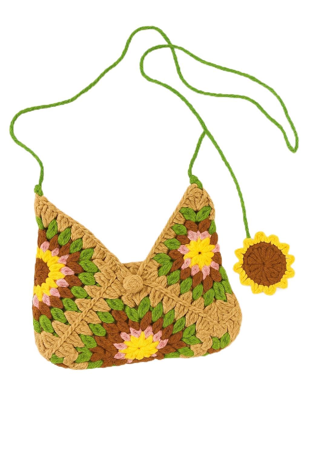 HEHE STORE handmade crochet sling crossbody bag mobile purse with Sunflower Charm, strap shoulder gift for women girls girlfriend sister mother unique elegant green yellow picnic handwoven-picture-52