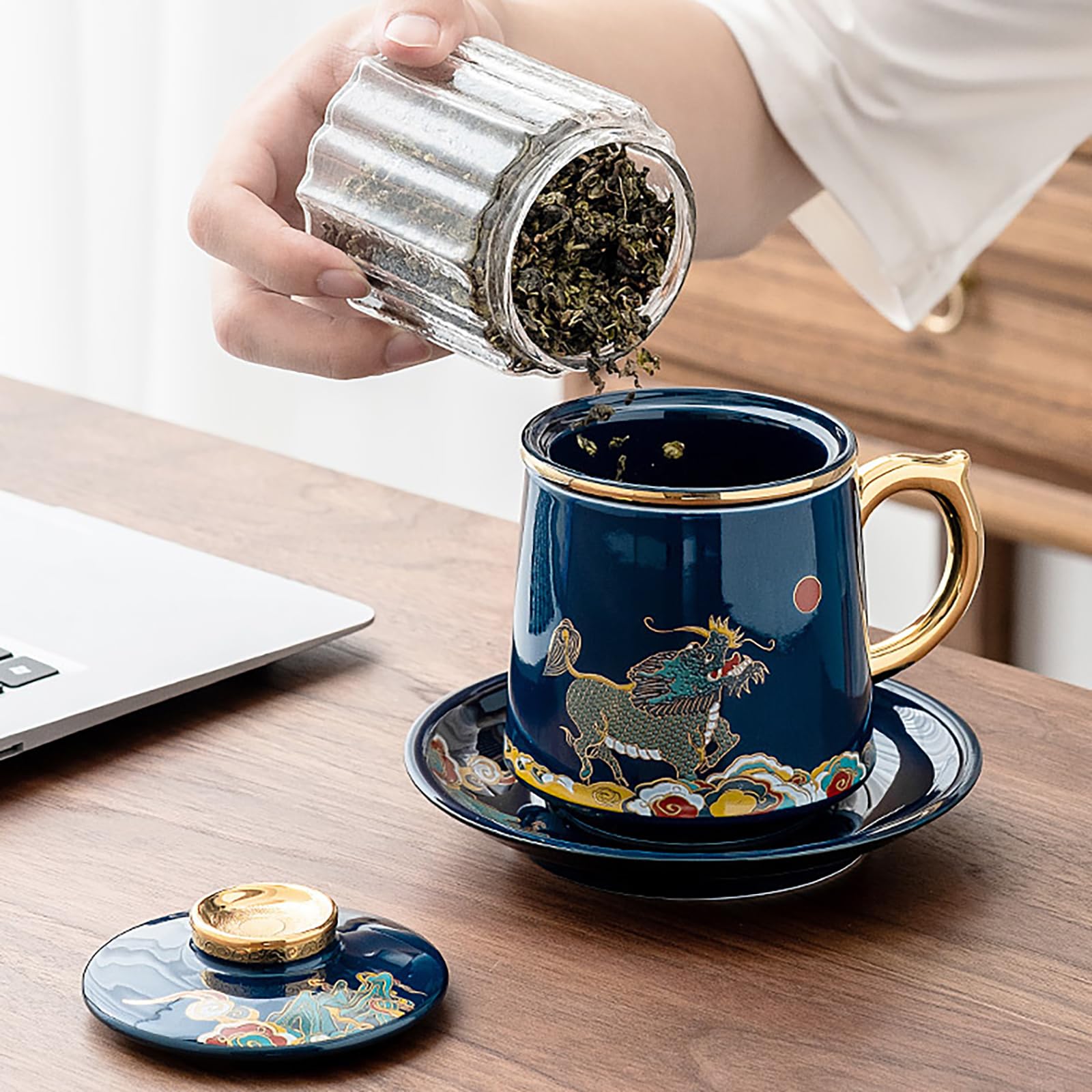 Tazza con infusore e coperchio, per tè sfuso, per tè sfuso, tazza da ufficio, tazza in ceramica con coperchio, separazione del tè, tazze da tè per uso domestico (ciano)
