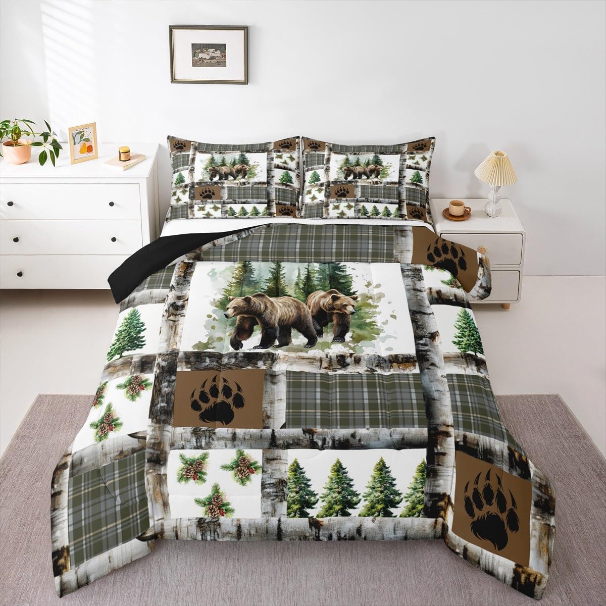 Feelyou Rustic Bear Bedding Set Hunting Theme Comforter Set for Kids Boys Girls Bear Paw Print Comforter Cabin Decor Quilt Set with 2 Pillowcases 3Pcs Bedding King