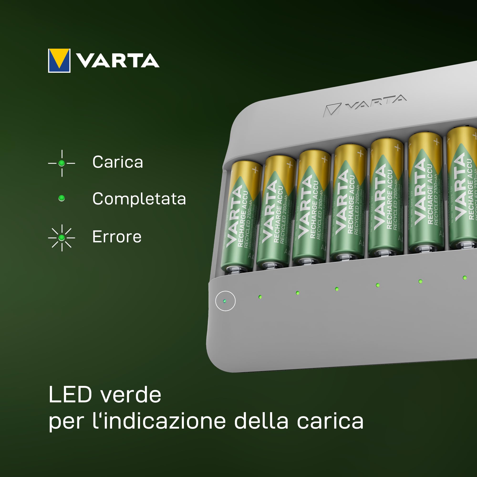 VARTA Caricabatterie per 8 AA/AAA, Eco Charger Multi Recycled | per pile ricaricabili NiMH, 75 % di materiale riciclato, Incl. 8x AAA 2100 mAh
