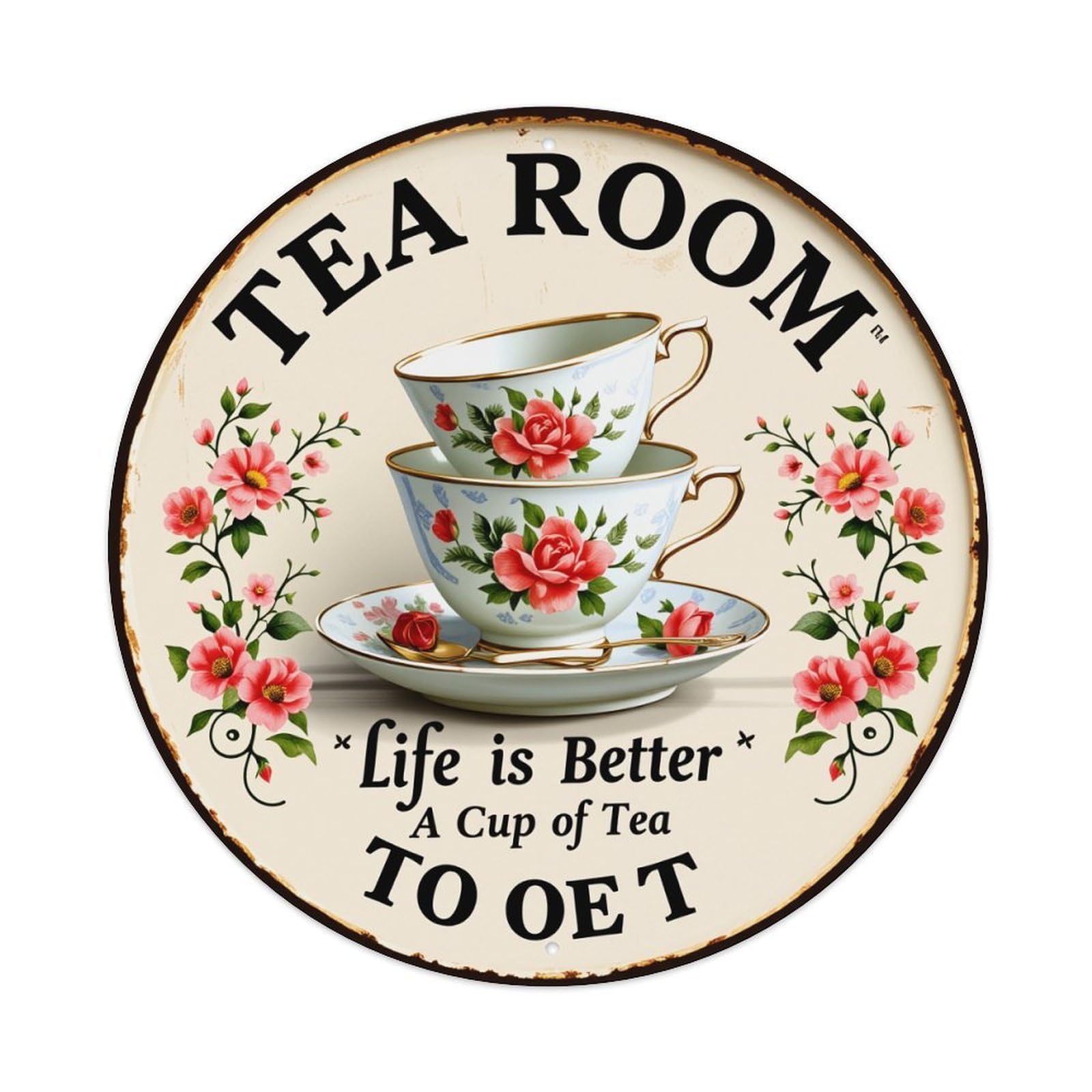 Tea Room Floral Cup Pattern Round Tin Sign Retro Metal Sign for Cafe Bar Pub Home Game Room Gym Club Wall Decoration Vintage Metal Poster 8x8 Inch