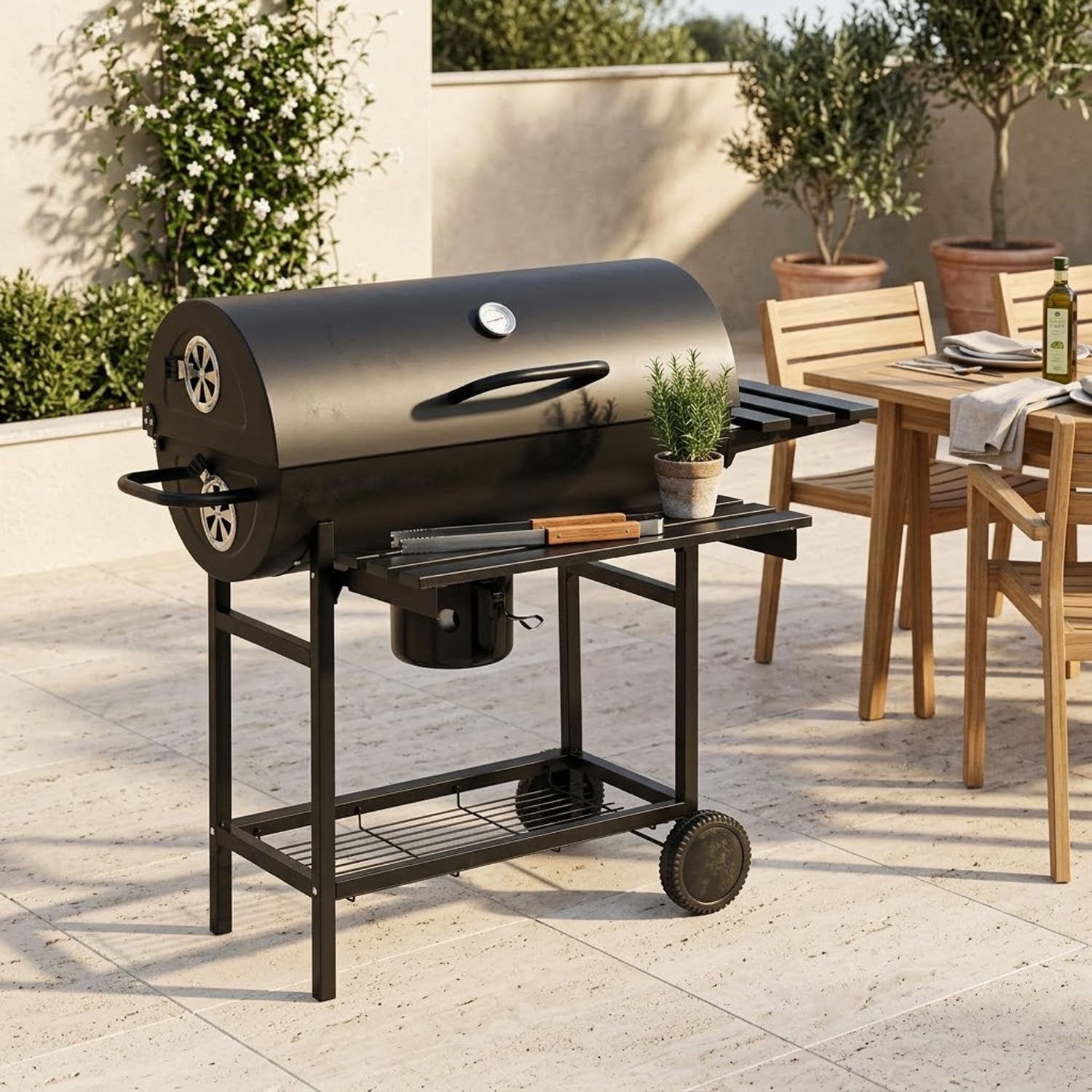 Barbecue A Carbone Con Coperchio Termometro Integrato Grill BBQ In Acciaio Con Ruote Ripiani E Ventilazione Regolabile Pinza E Guanti Ideale Per Giardino Terrazzo E Balcone 112 x 63.5 x 97 Cm Nero