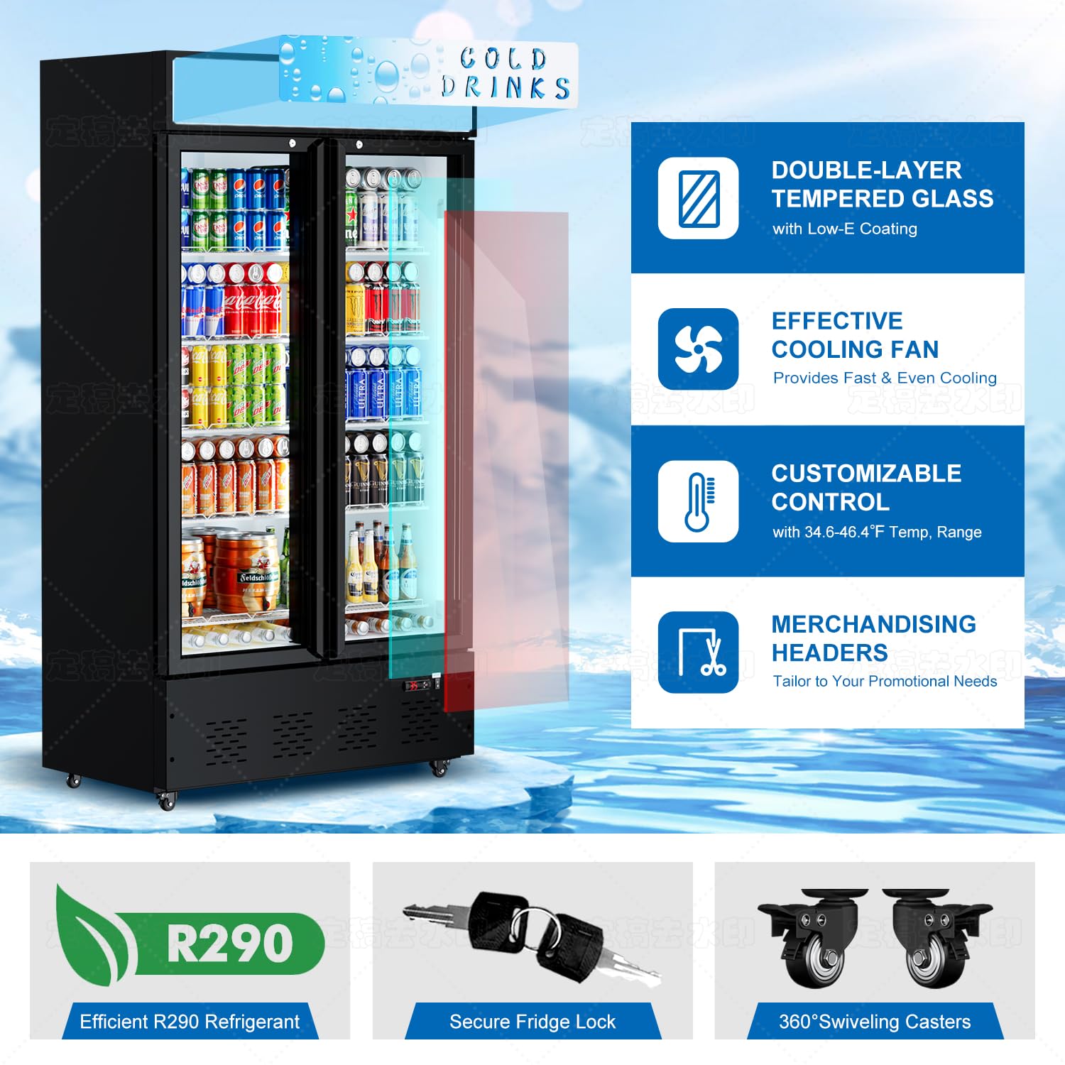 Freezlabs Commercial Display Refrigerator Glass Door 30 Cu.Ft Cooler Commercial Beverage Refrigerators With LED And 10 Shelves For Café, Restaurant, Store on Fridge.com - View 3