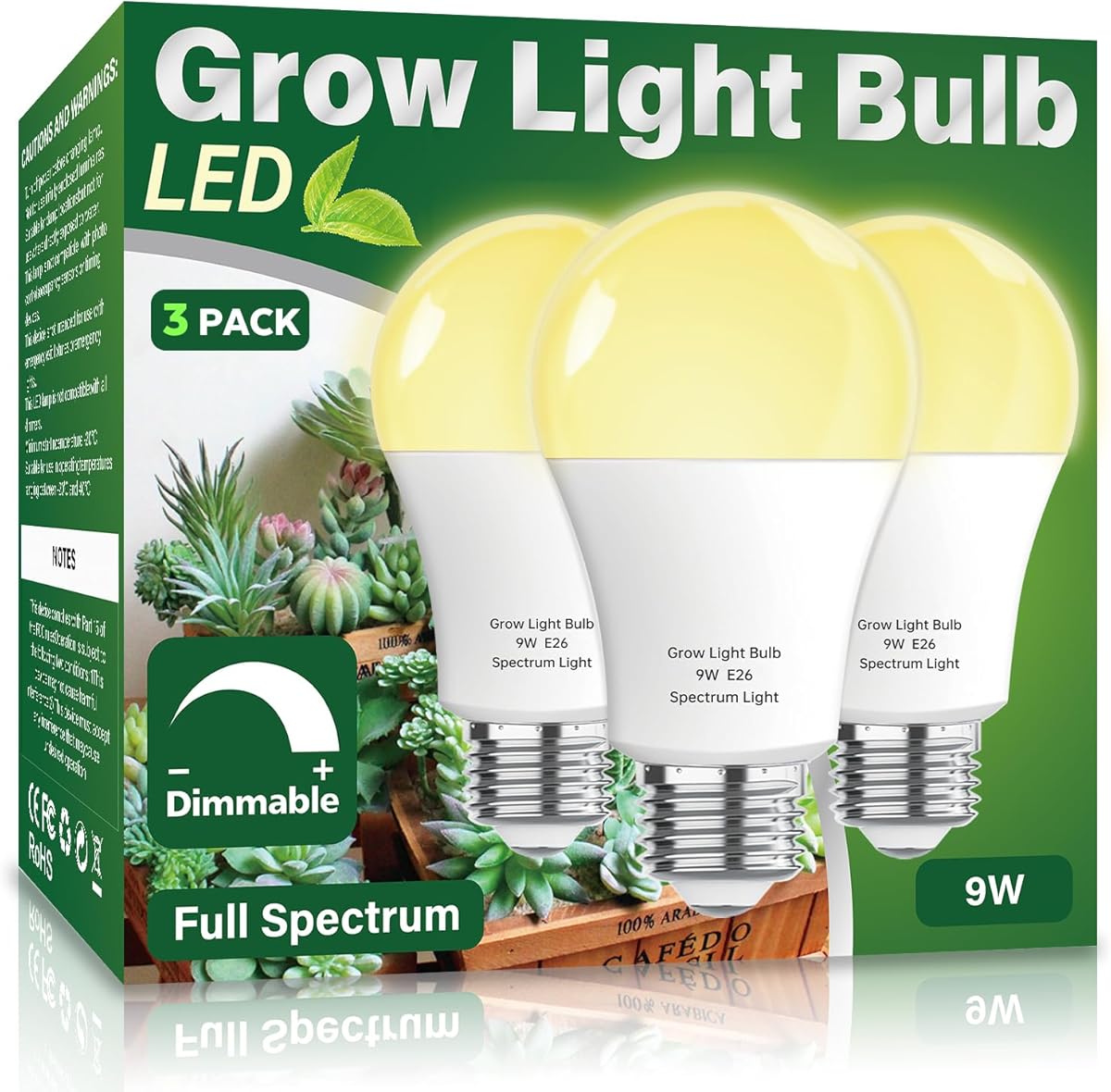 3 Pack Full Spectrum Grow Light Bulbs,A19 Grow Lights for Indoor Plants,Dimmable E26 9W Grow Bulb Replace up to 100W,Plant Lights for Indoor Growing,Flowers,Greenhouse,Indore