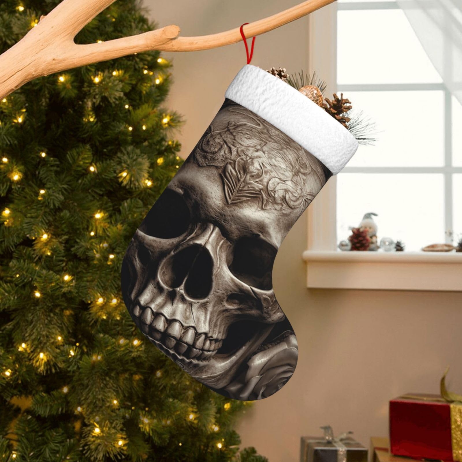 Velvet Christmas Stockings 17.7 Inch, Leather Rose Skull Xmas Stocking with Soft Cuff,Classic Personalized Christmas Tree Decoration for Family Holiday New Year Party Supplies