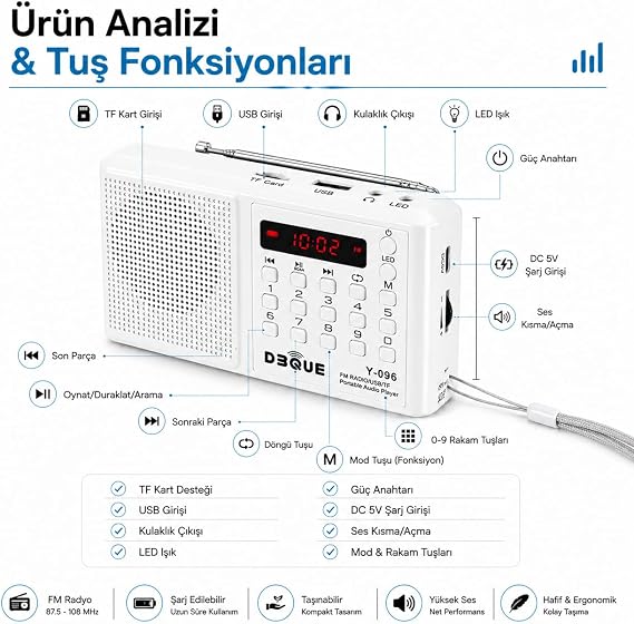 Y-096 Bluetoothlu Şarjlı Cep Radyosu, 18650 Pilli Taşınabilir FM Radyo, USB ve TF Kart Destekli, Type-C Şarjlı, LED Fenerli Acil Durum ve Deprem Radyosu (Beyaz)