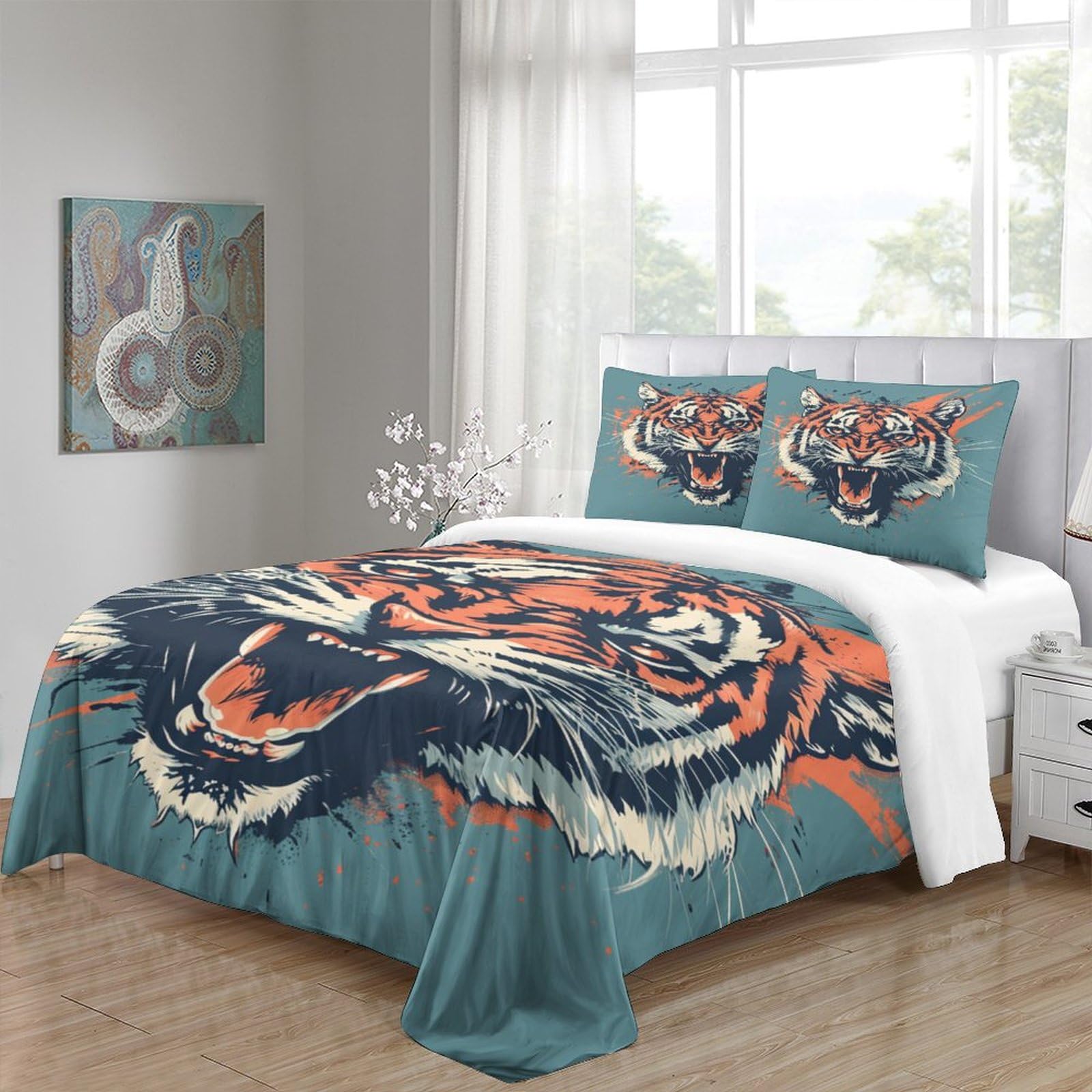 Stampato in 3D tigre Copertina Stampata Microfibra Disegnata Biancheria Da Letto Stile Morbido Set 3 Pezzi,Double（200x200cm）, Per Adolescenti E Adulti