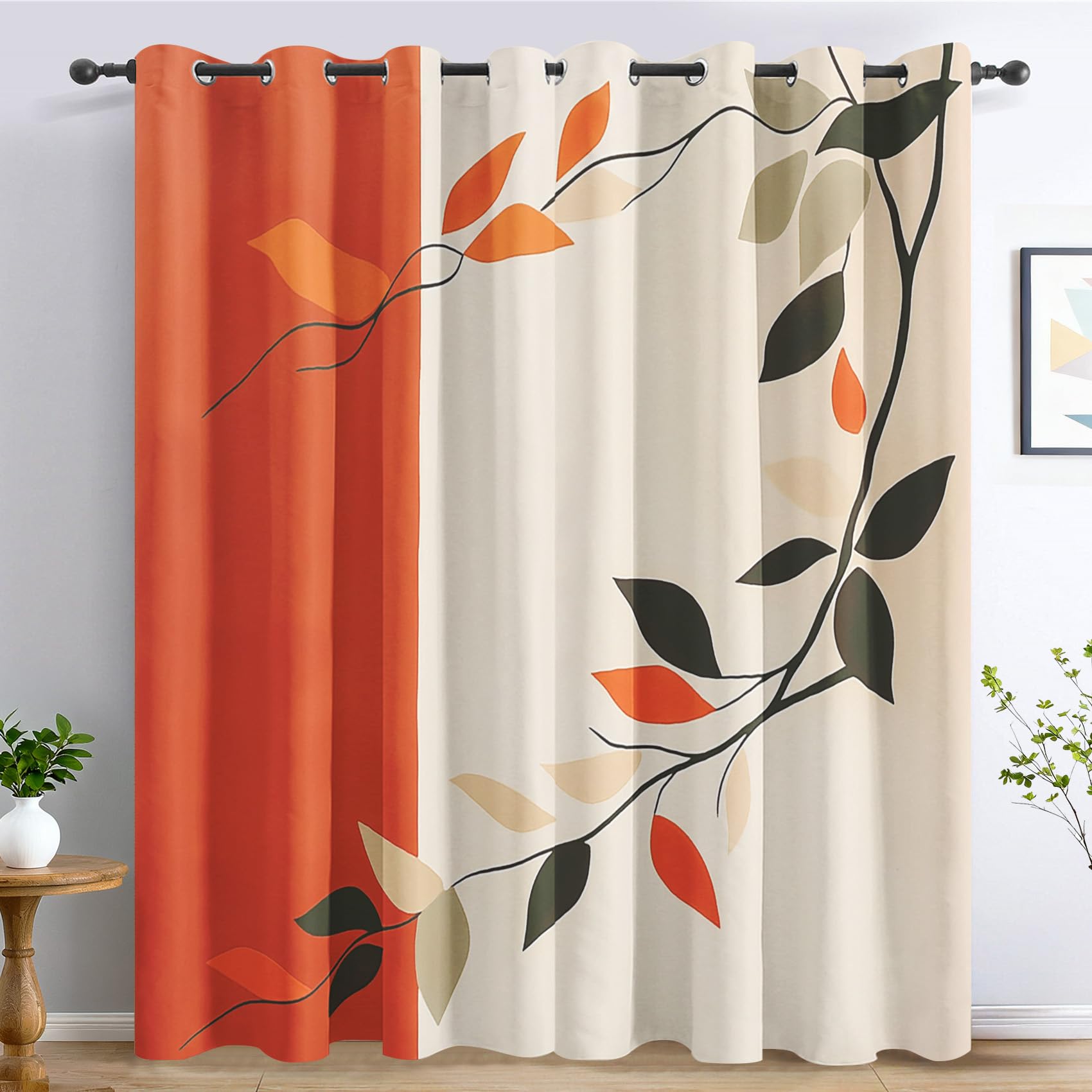 Abstract Leaf Curtains for Bedroom Living Room, Orange Leaves Blackout Curtains Eyelet 90 Drop 2 Panels, Patterned Window Drapes, Home Decor 90x90 Inch B-D68