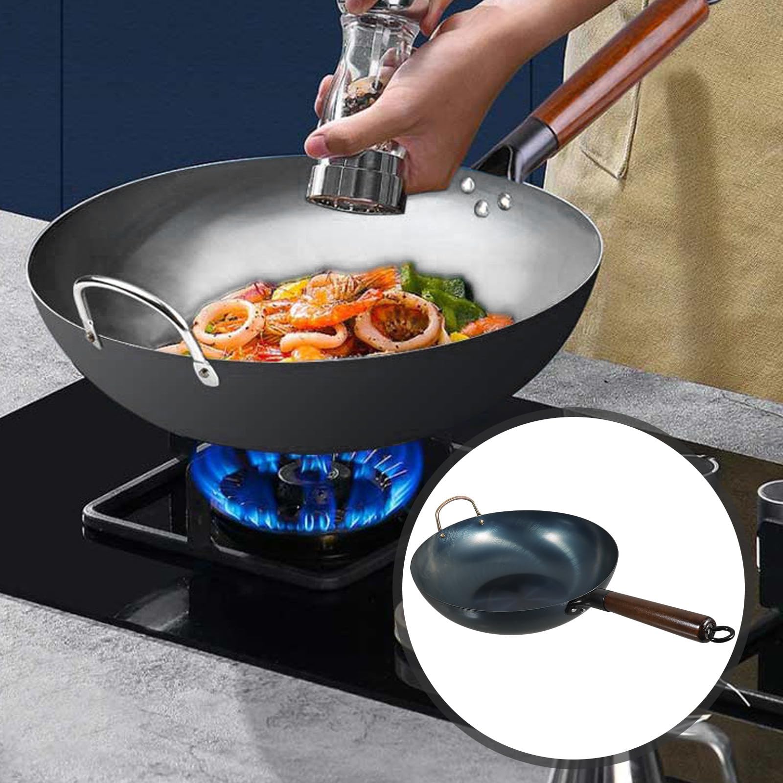 Wok Piatto in Ferro Nero, Antiaderente, Distribuzione Uniforme, Cucina