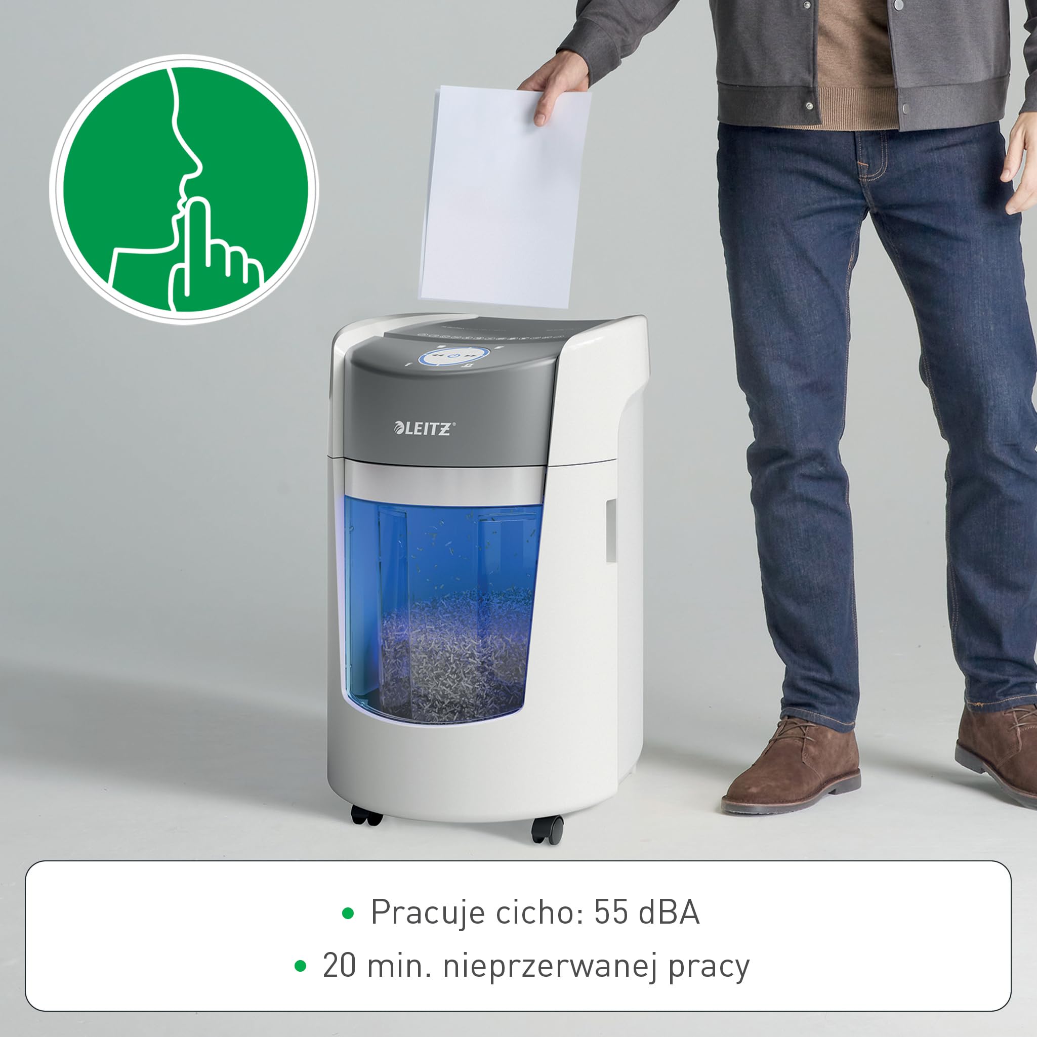 Leitz IQ OptiMax Small Office 350 Niszczarka P5 Mikrocięcie, Pojemnik Rotacyjny zwiększający pojemność o 33% (22L), mieści do 350 kartek A4, Niszczy 8–10 kartek 70–80 gsm, Czas pracy do 20 min