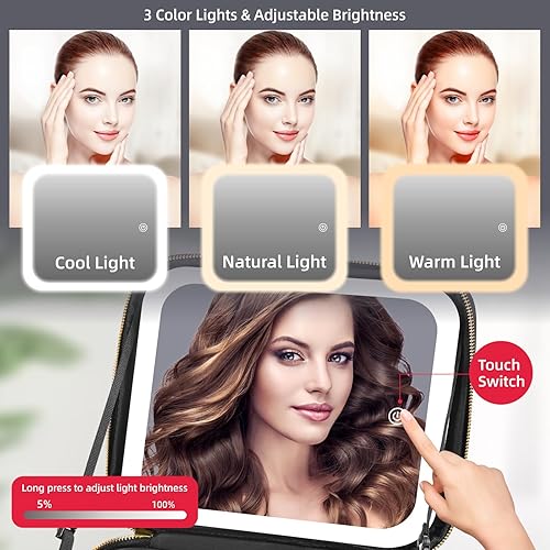 Miniatura 2 de RRtide Estuche de maquillaje con espejo y luces, estuche de cosméticos de 3 colores de brillo ajustable, bolsa de maquillaje grande, portátil de 2