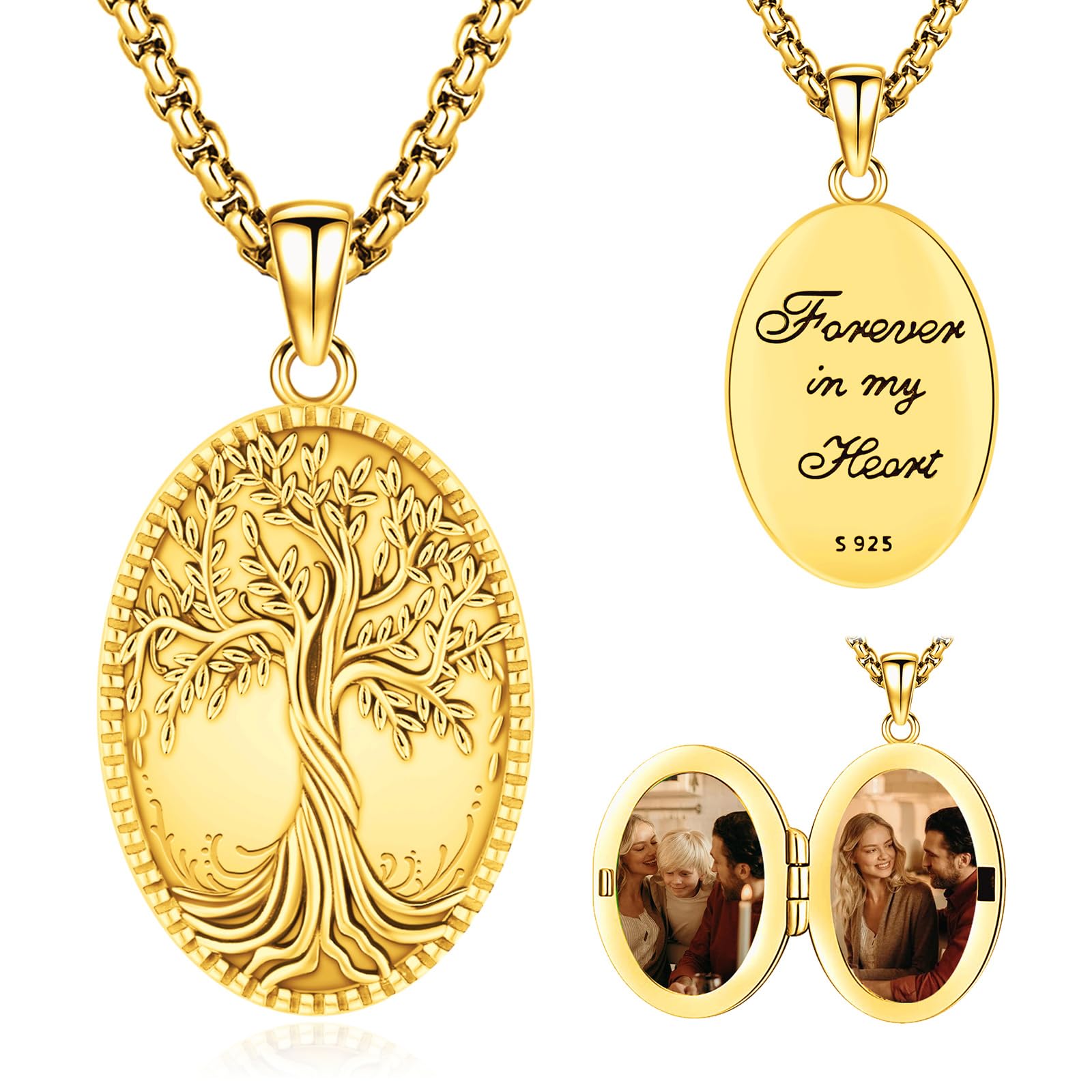 Picture Locket Necklace for Women Men Rose 14K Real Gold 925 Sterling Silver Jewelry Heart Locket Necklace that Holds Pictures Tree of Life Viking