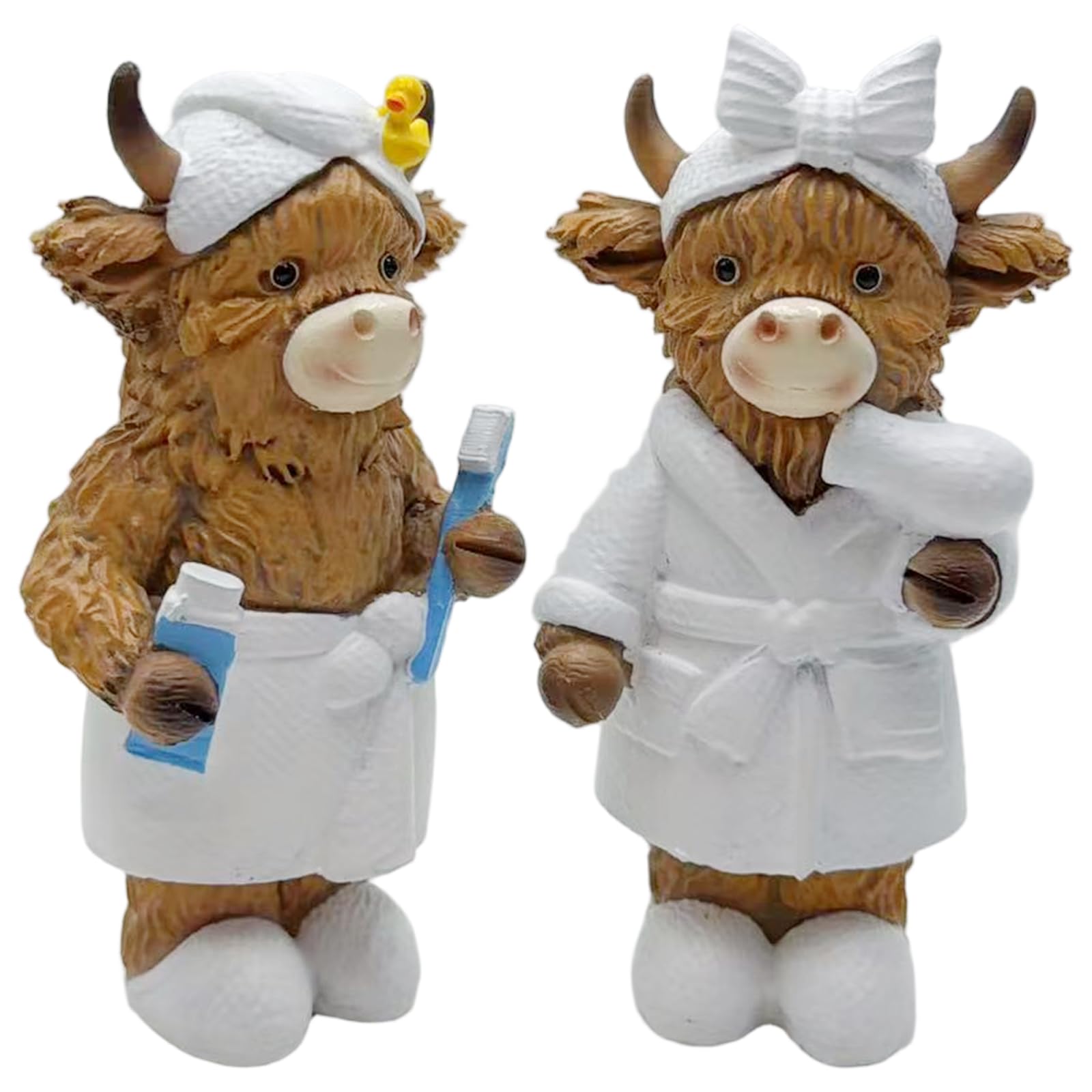 Highland Cow Figurine, Adorable Bathroom Decorations With Bathrobes, Cute Resin Scottish Statue For Countertop, Unique Lovers, Home Decor