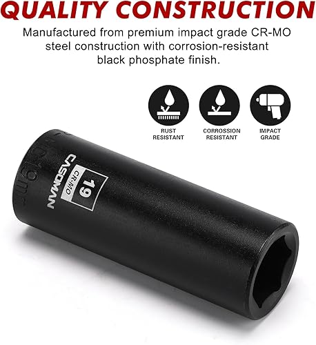 Miniatura 165 de CASOMAN 1/2" Drive x 1.417 in Deep 12 PT Socket Impacto, CR-MO, 1/2" Drive 12 Point Axle Nut Socket para una fácil extracción de las tuercas del eje