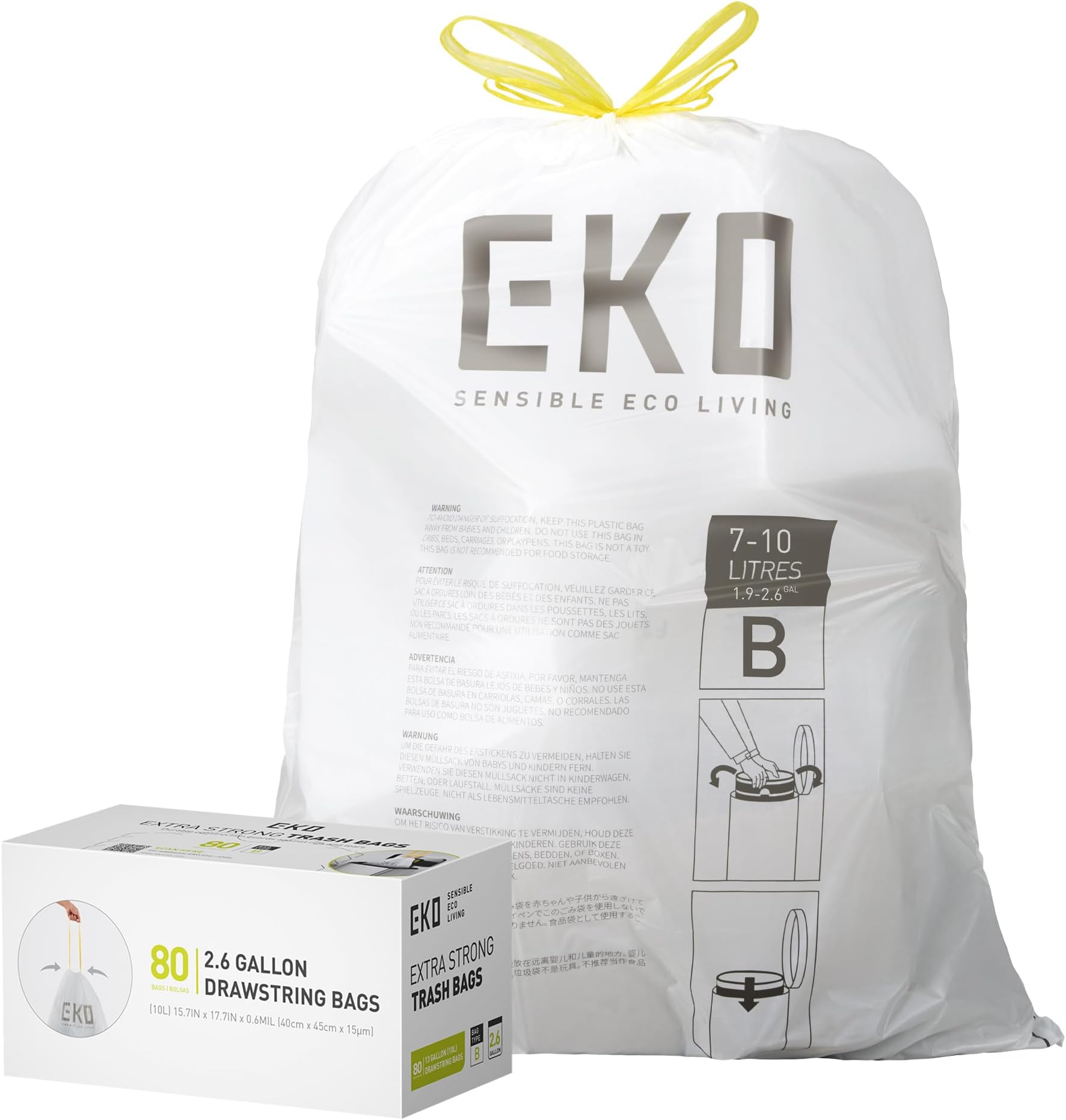 Easy-Dispense Roll 80 Count Extra-Strong Drawstring Small Bin Liner, Trash Bag (7-10L) 1 Pack White, Code B