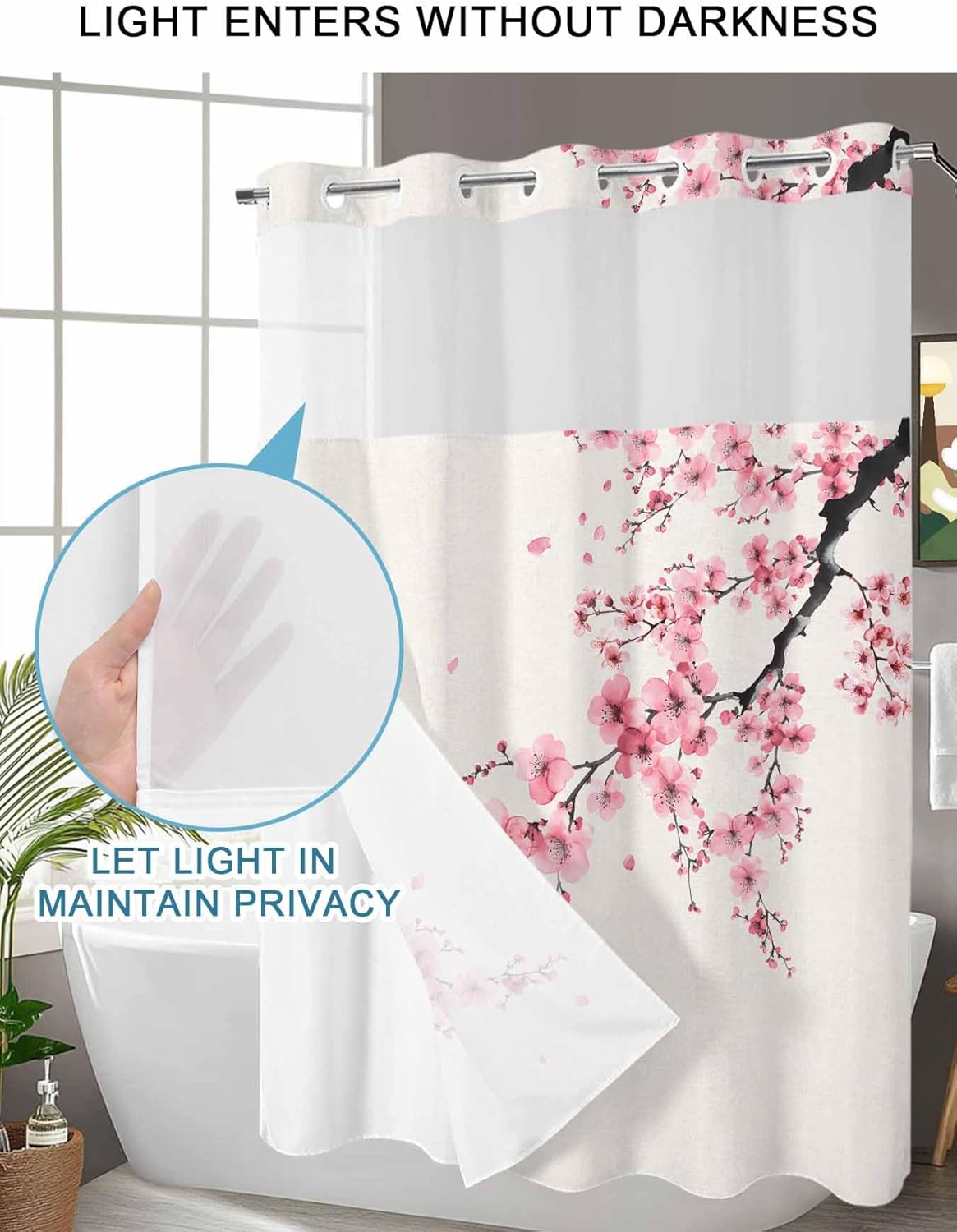 No Hook Shower Curtain, Cherry Blossoms Long Bathtub Curtains with Snap in Liner, Pink Flower Floral Spring Nature Country Waterproof Washable Fabric Bathroom Curtain Sets, 72" x 78"