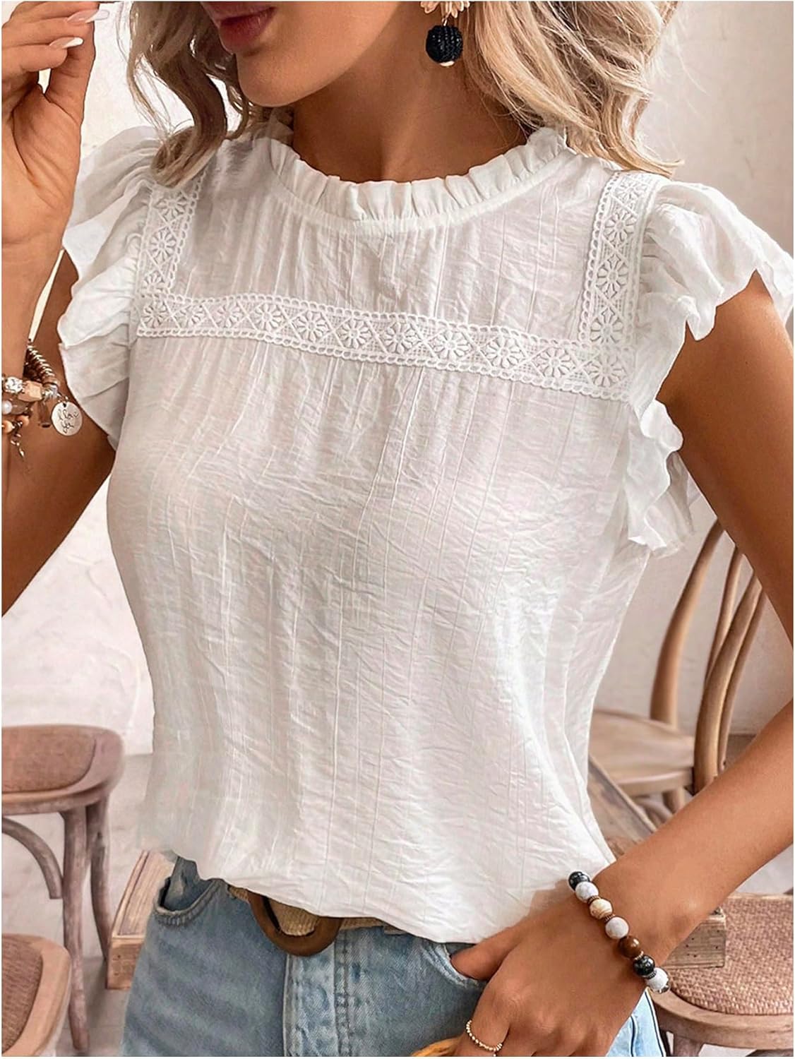 SweatyRocks Women's Ruffle Cap Sleeve Summer Blouse Crew Neck Dressy Casual Tops - Image 5