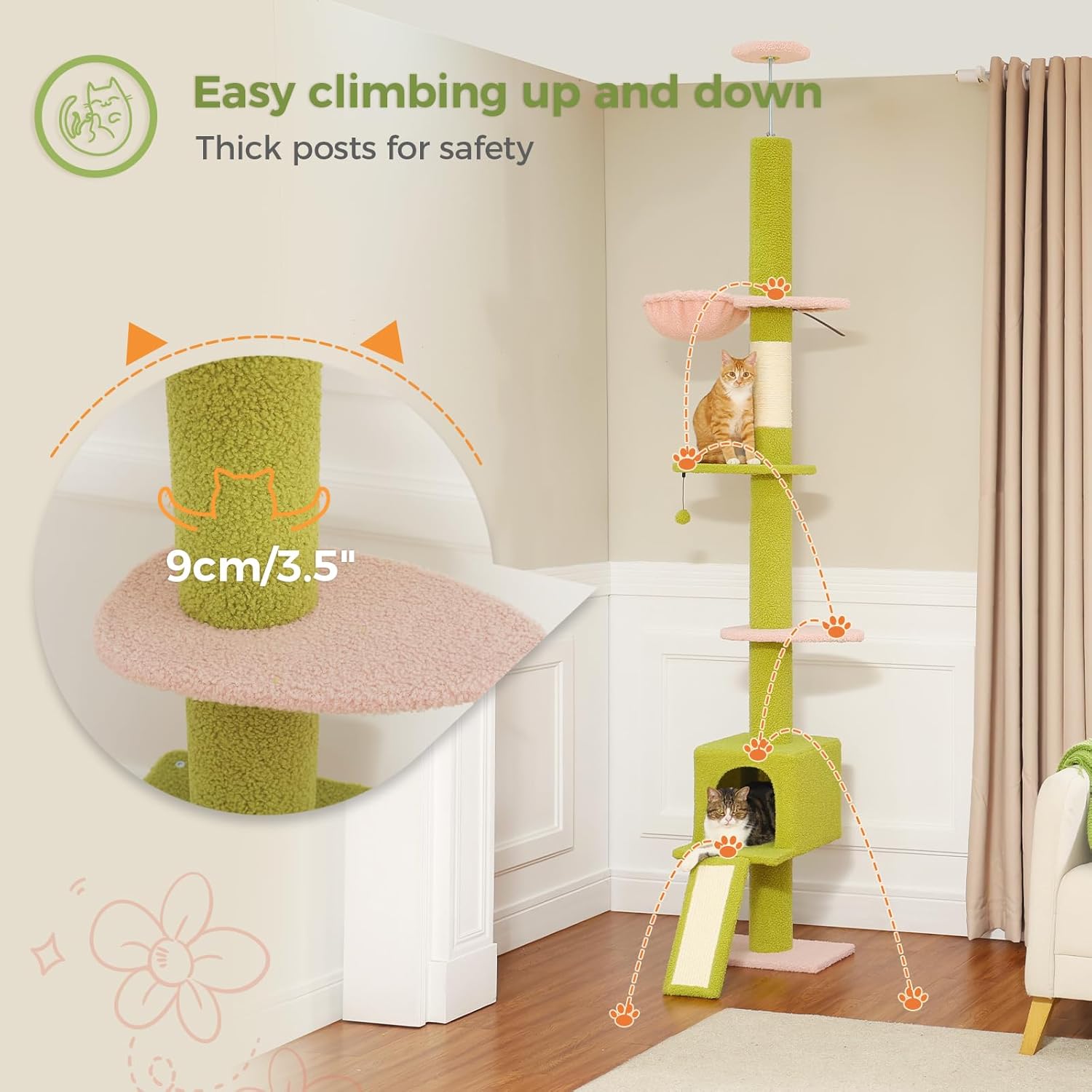 PETEPELA Floor to Ceiling Cat Tree[83"-108"], Cat Tower 5 Levels, Height Adjustable, Cat Scratching Post with Top Perches and Spacious Condo for Large Indoor Cats, Pink