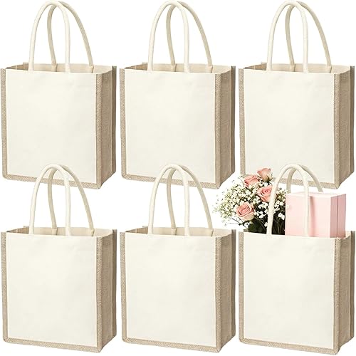 SOUJOY Paquete de 6 bolsas de yute con asas, bolsas de regalo reutilizables de yute con asas, pequeñas bolsas de playa, bolsa de lona para compras
