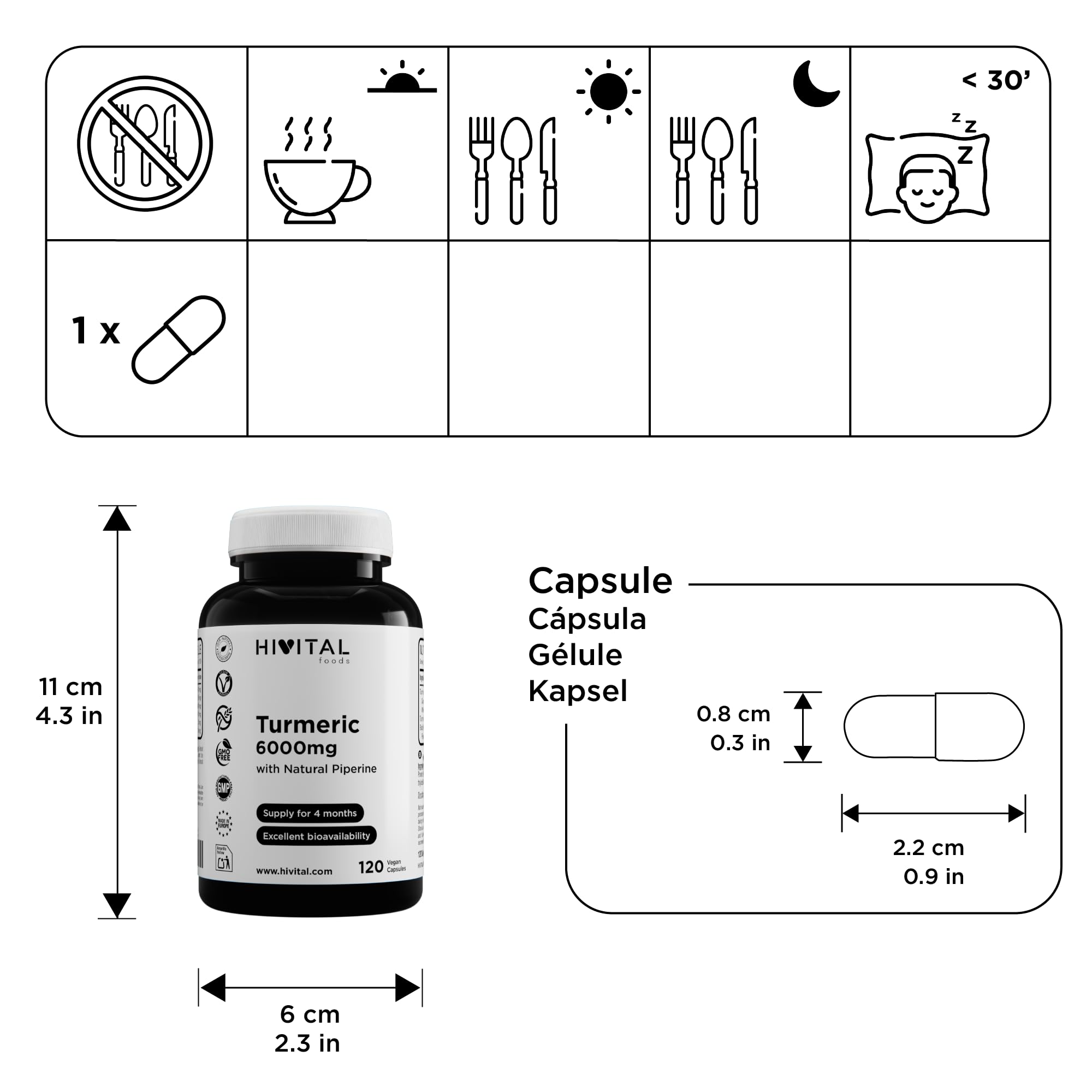 Curcuma 6000 mg. 120 capsule vegane per 4 mesi di trattamento. Estratto concentrato al 95% con 285 mg di Curcumina e Pepe Nero. Prodotto in Europa da HIVITAL