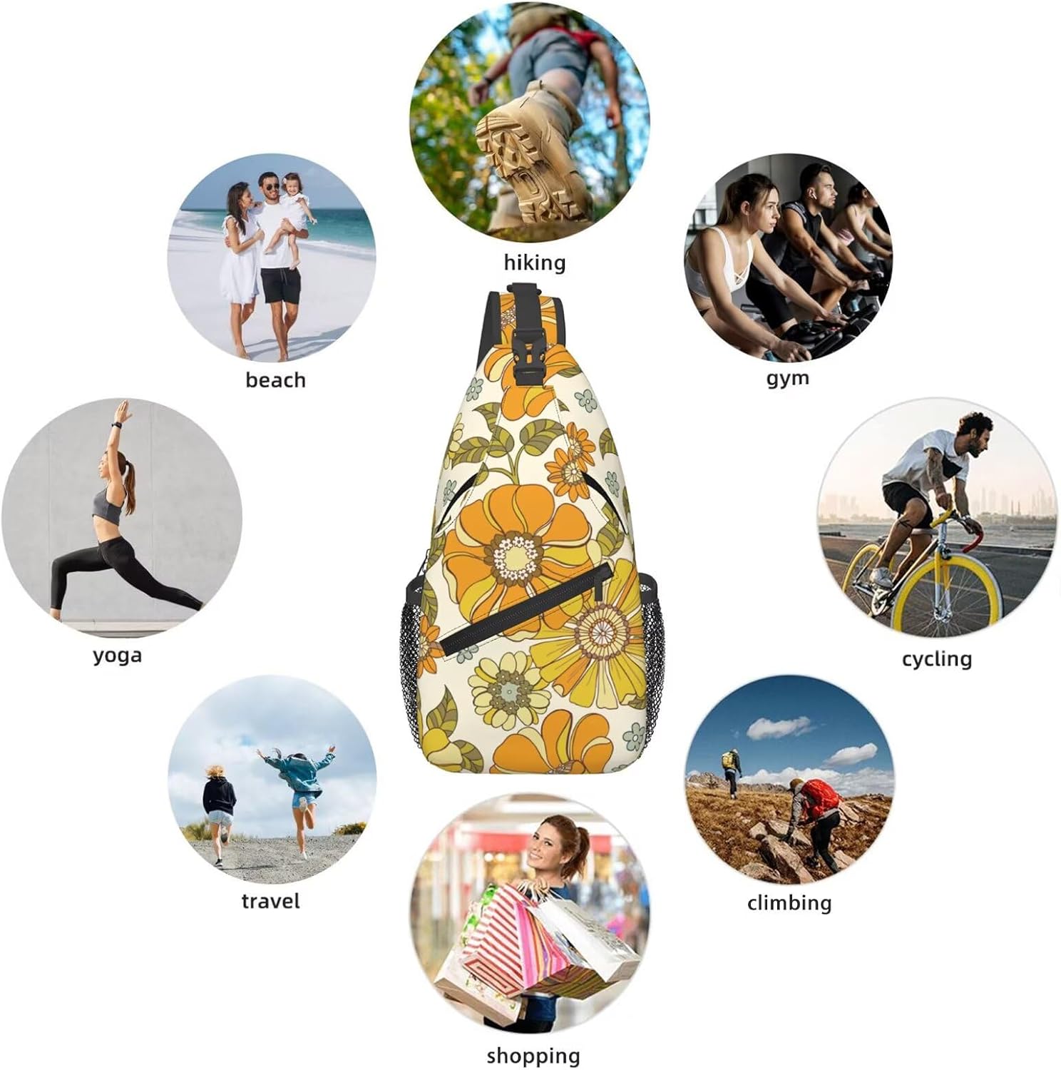 Retro 70s Style Flower Crossbody Sling Bag for Women Men Colorful Large Scale Hand Drawn Floral Pattern Travel Sling Backpack Casual Shoulder Bag Groovy Flowers Print Sports Hiking Daypack - Image 5