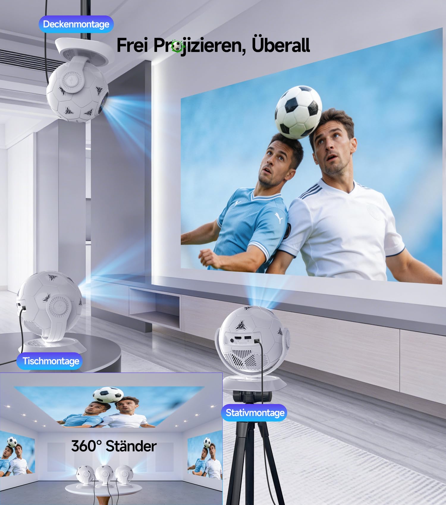 Magcubic Mini Beamer Projektor 4K Unterstützung für Heimkino Handy Smart TV | 360° Fußball-Motiv, Android 14 Apps Integriert, WiFi 6, Bluetooth 5.4, Auto Keystone, Klein Tragbar, Kurzdistanz, HY300F