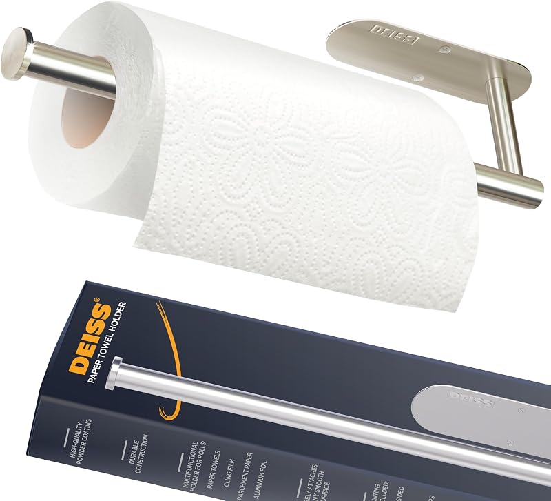 Deiss Pro Paper Towel Holder – Under Cabinet, Wall Mount, or Countertop – Rust-Resistant Stainless Steel, One-Handed Tear Design, Space-Saving Paper Towel Dispenser, Towel Holder for Kitchen