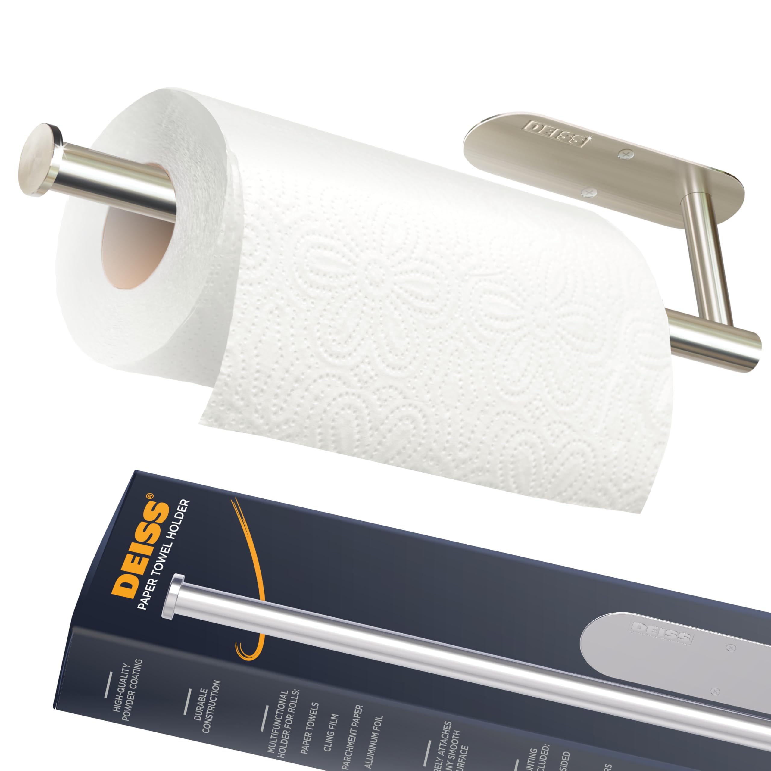 Deiss Pro Paper Towel Holder – Under Cabinet, Wall Mount, or Countertop – Rust-Resistant Stainless Steel, One-Handed Tear Design, Space-Saving Paper