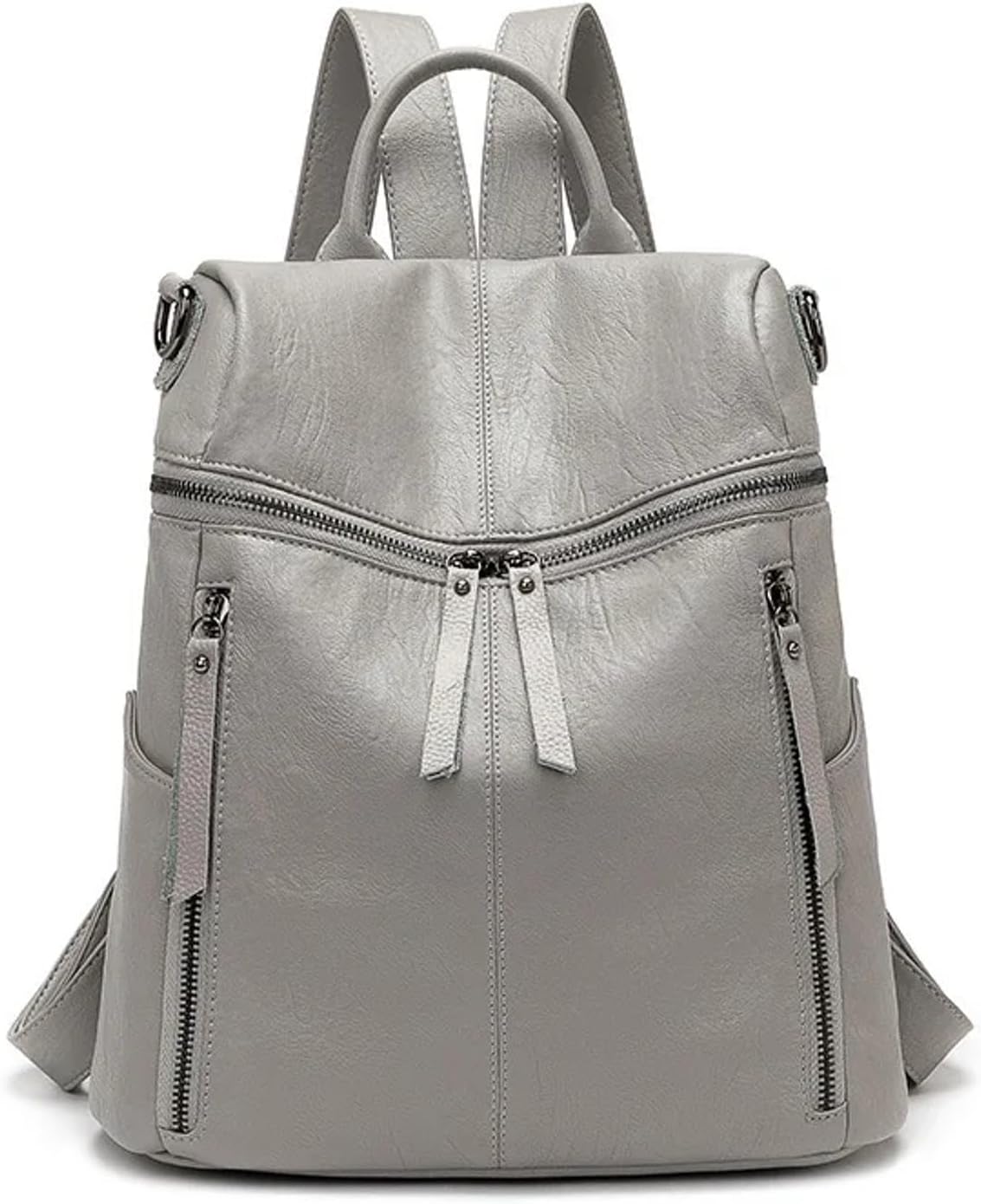 Genuine Cow Leather Backpack Shoulder Handbag Bag for Women, Top Handle & 2 Detachable Straps- Grey