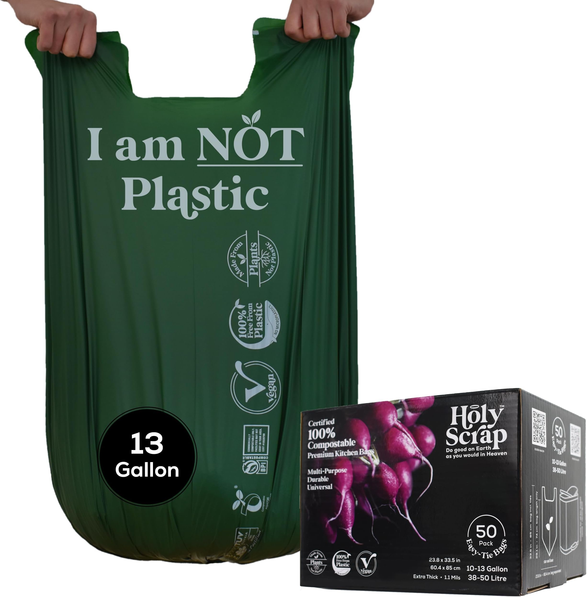 Large Compostable Trash Bags - 10-13 Gallon, 50 Pack, 100% Plastic-Free Decomposing Easy-Tie Trash Can Bags & Liners, Thick Kitchen, Bathroom & Backyard Bin Bags for Food & Green Waste