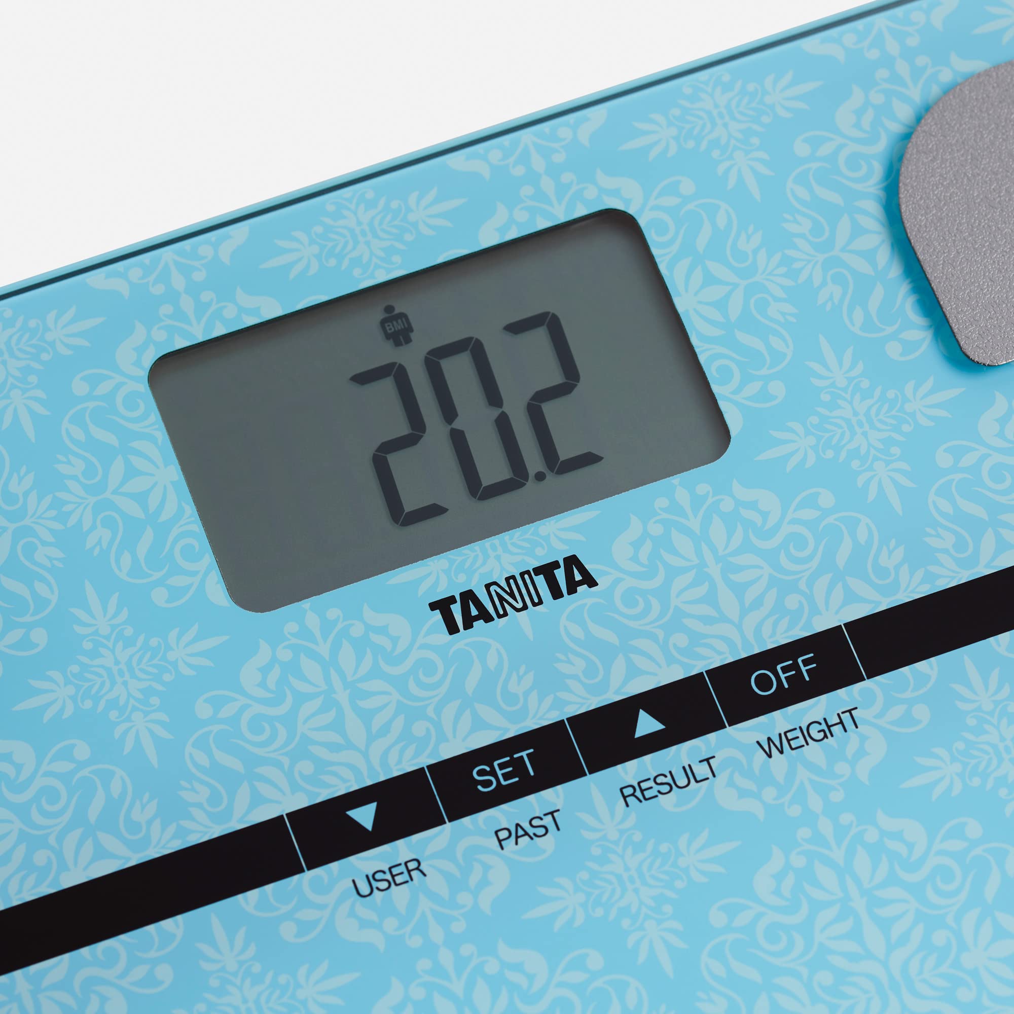 Tanita BC-732 bilancia intelligente per peso corporeo e grasso – Bilancia pesapersone digitale con design compatto in vetro, bilancia multiutente con display LCD, azzurro chiaro con motivo paisley