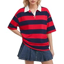 Women's Rugby Shirt Striped Polo T-Shirts Oversized Short Sleeve Lapel V Neck Tee Summer Pullover Tops