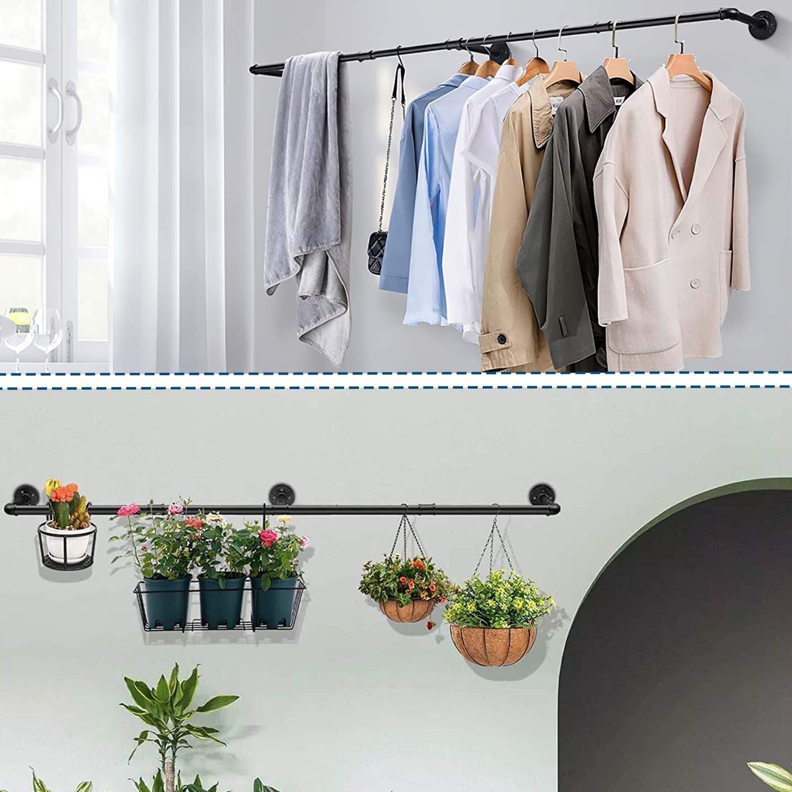 Royouzi Perchero De Pared Industrial Barra Para Ropa de Metal ExtraíBle Montada en la Pared de 184 cm Para Ahorrar Espacio Para Colgar Ropa en el Dormitorio Barra Para Ropa de Tubo Industrial Negro