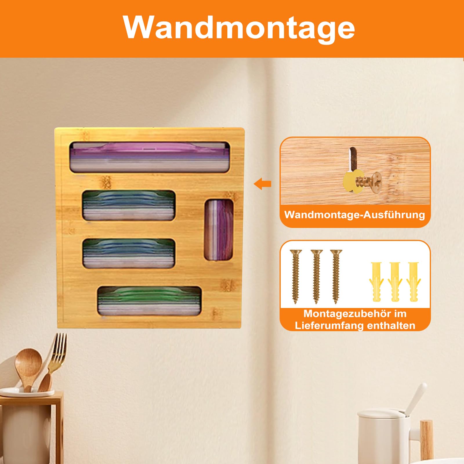 5-in-1 Bambus Ziplock Beutel Aufbewahrungs Organisator, für Lebensmittelbeutel, für Gallonen, Quarts, Sandwich und Snackbeutel, Natur