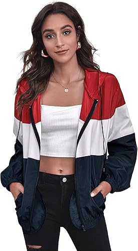 SweatyRocks Chaqueta ligera con cremallera y bloque de color para mujer, chaqueta cortavientos deportiva
