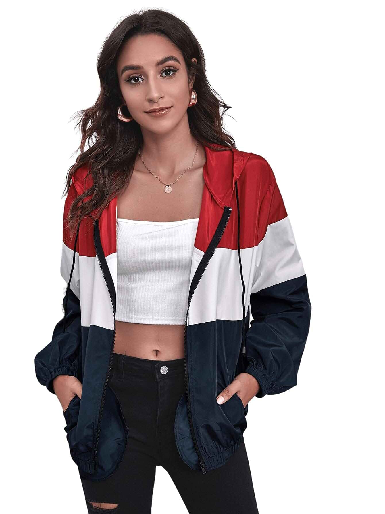 SweatyRocks Women's Windbreaker Patchwork Zipper Sport Jacket Outerwear | Lightweight 80s 90s Retro Coat