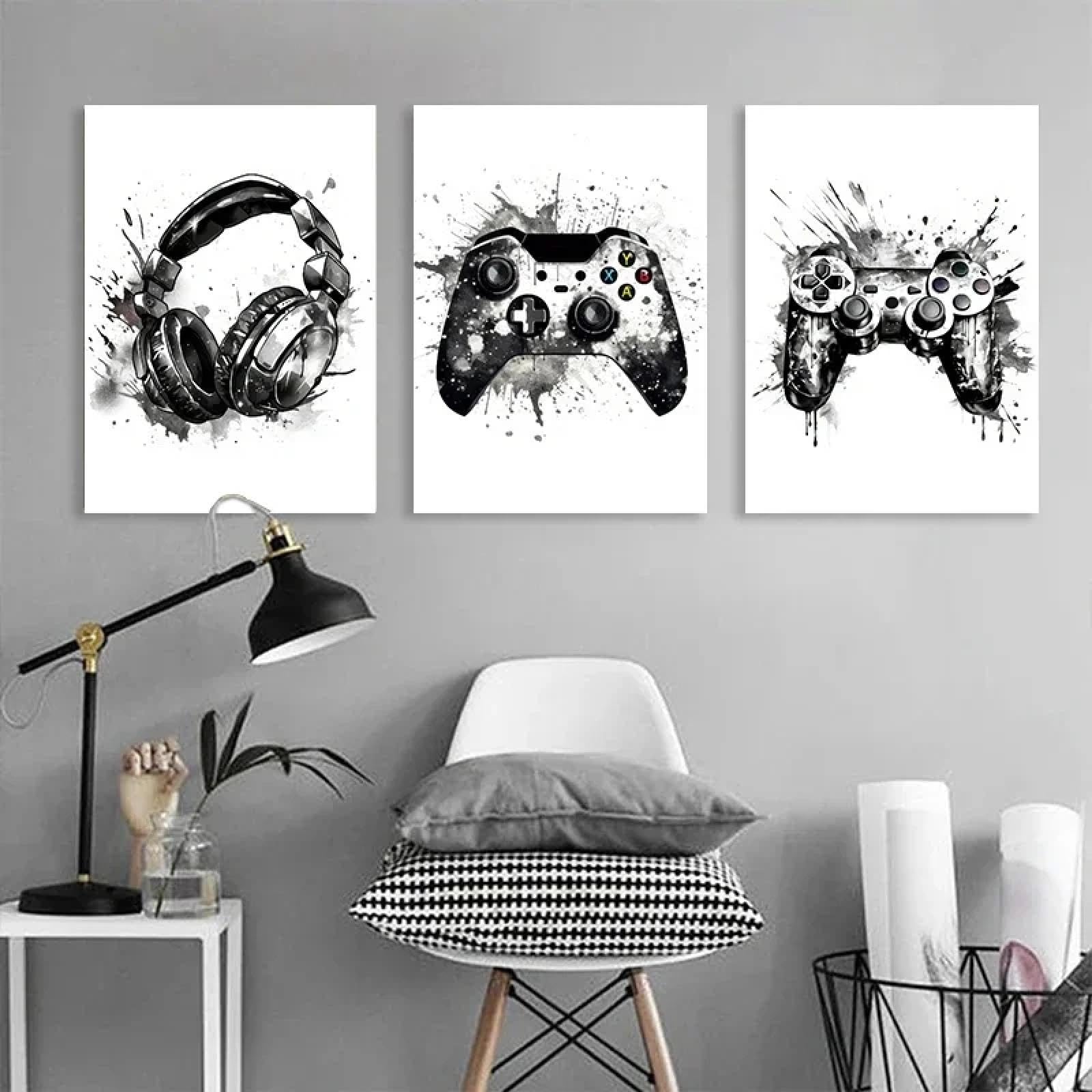 Póster de controlador de videojuegos en tinta en blanco y negro, pintura en lienzo para entusiastas de los videojuegos nórdicos, decoración de pared para habitación de niños, 60 x 90 cm x 3, sin marco