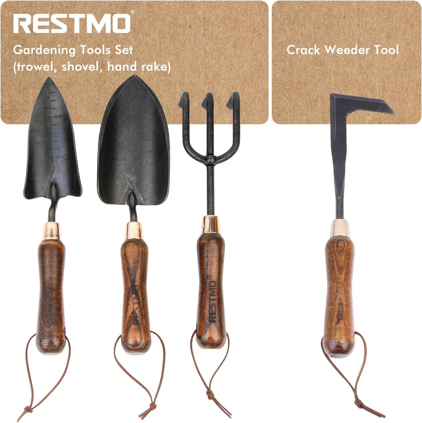 RESTMO Gardening Tools Bundle: Heavy Duty Gardening Tools Kit & Crack Weeder Tool, Premium Carbon Steel Garden Hand Tools with Ergonomic Wooden Handle