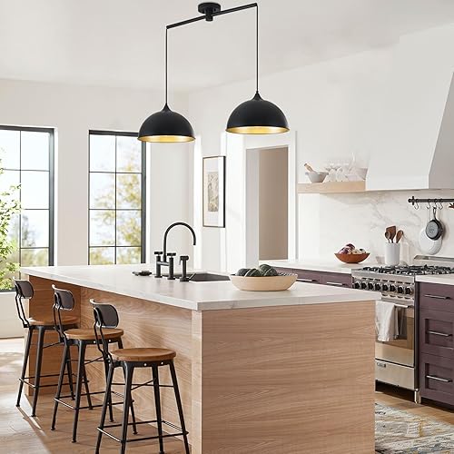 Miniatura 7 de Luces colgantes para isla de cocina, paquete de 2 lámparas colgantes de cúpula negra y dorada, iluminación colgante industrial vintage para granja,