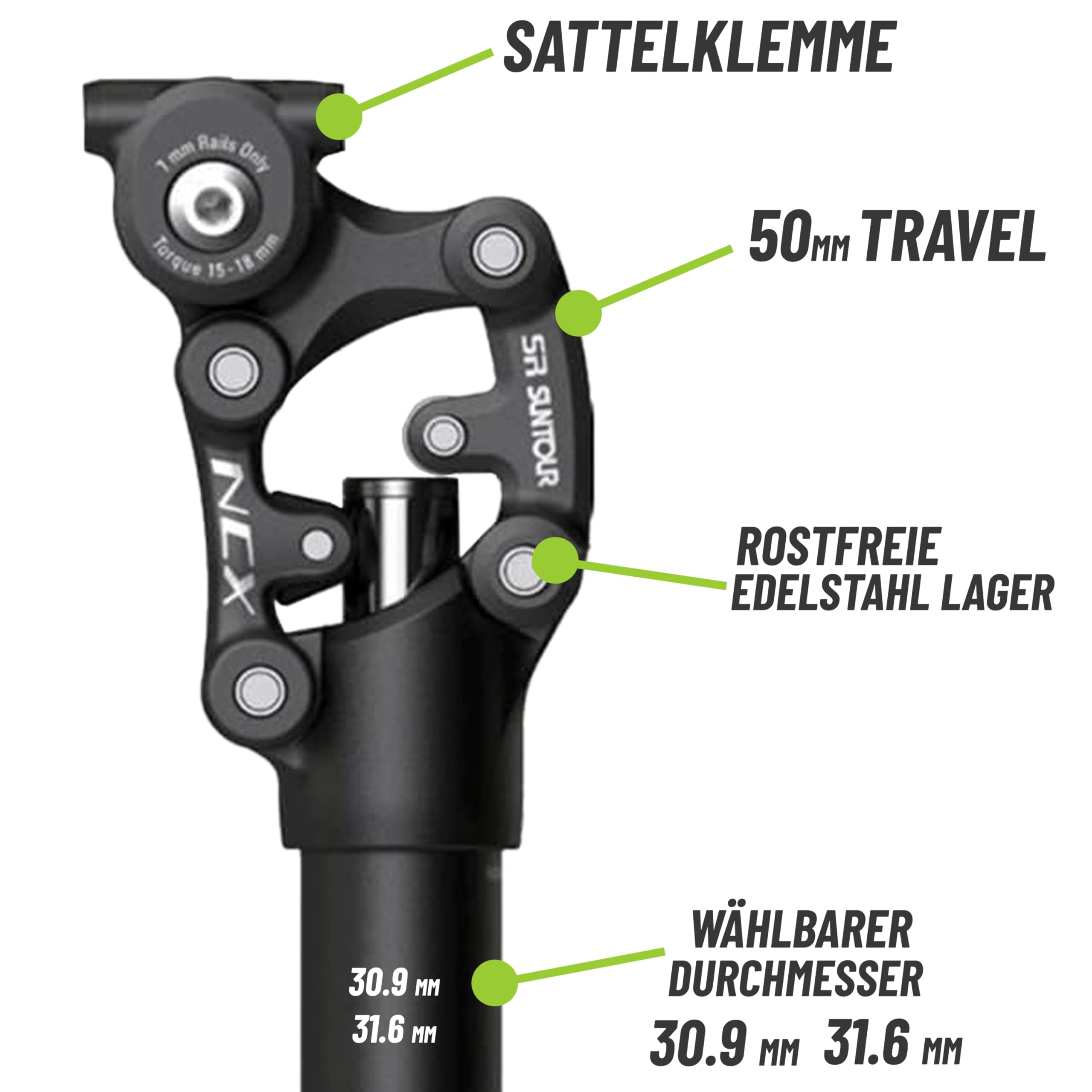 Suntour Federsattelstütze SP12/25-NCX Durchmesser 27,2mm/30,9mm/31,6mm, Länge 400mm,Gewicht 65-95kg, 95-120kg Parallelogramm inklusive Brunox Deo und MSZweirad Reflexband