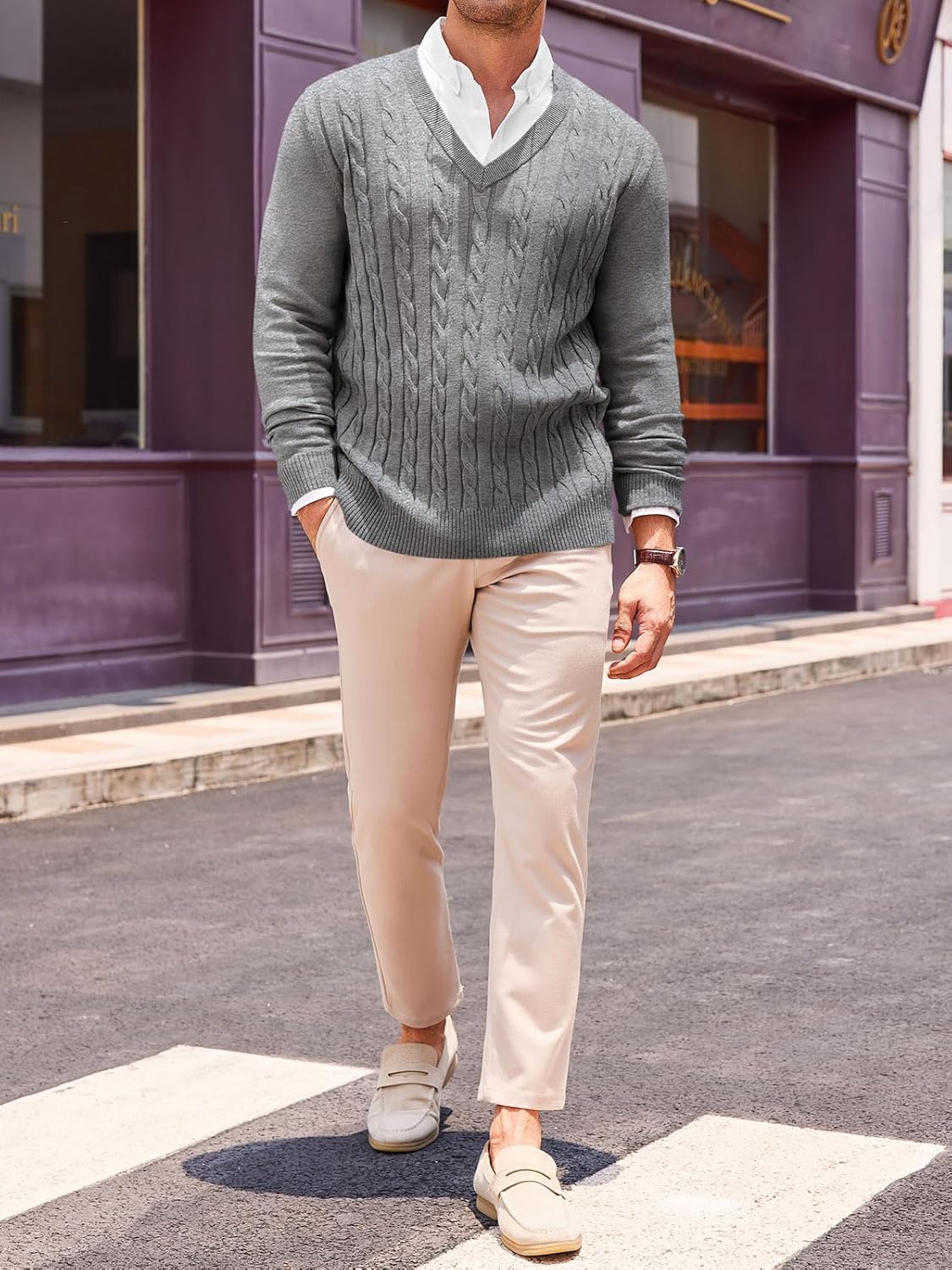 Runcati Mens V Neck Sweater Cable Knit Long Sleeve Casual Ribbed Twisted Pullover Sweaters - Image 4