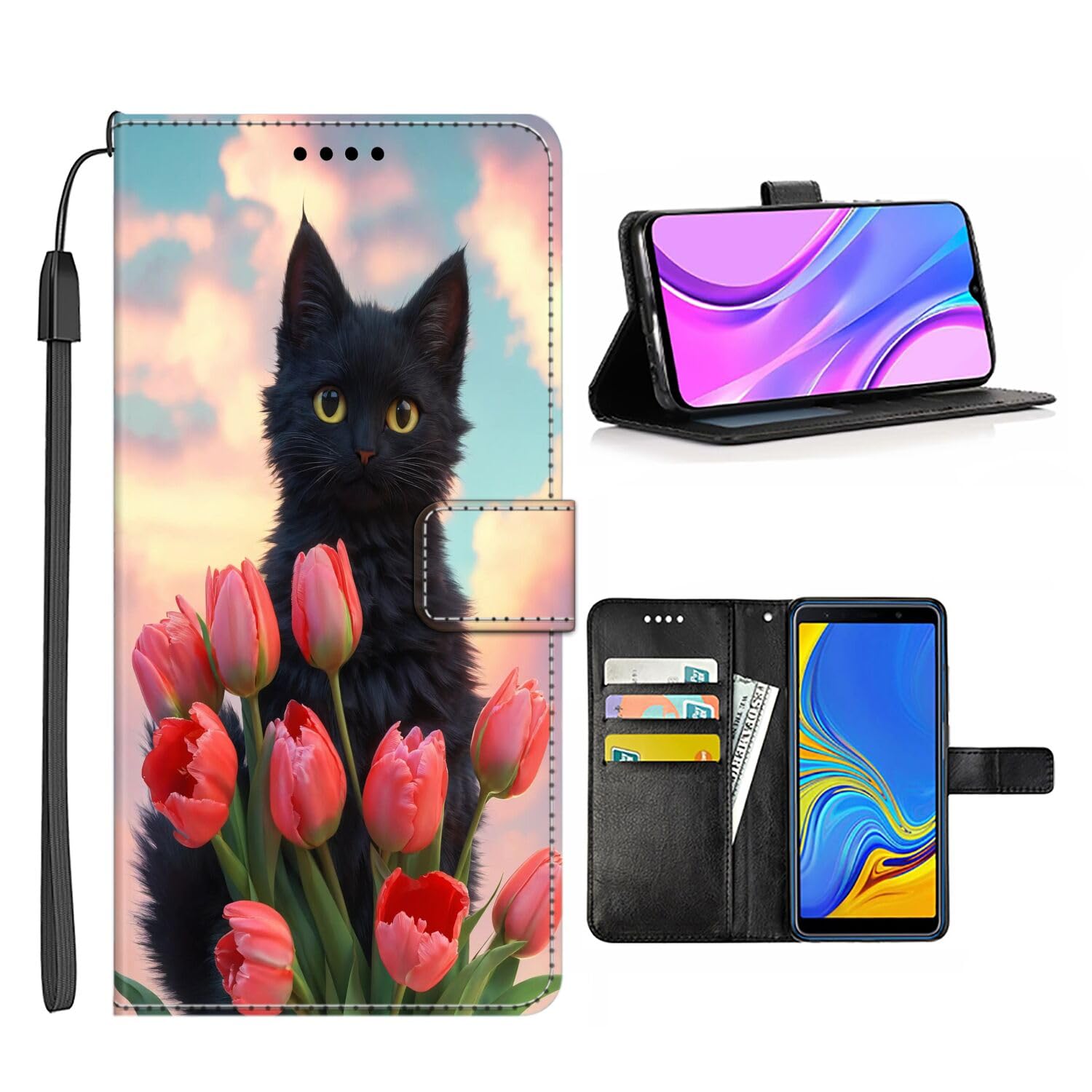Wallet Phone Case for Moto E13 E20 E30 E40 E22 E22S E32 E 2020 X30 Pro X40 X40 Pro with Cat-AE76 Folio Magnetic Buckle Leather TPU