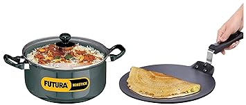 Hawkins Futura Nonstick Cook-n-Serve Stewpot with Glass Lid, Capacity 5 Litre, 24 cm, 3.25 mm (NST50G) & Nonstick Dosa Tava, 33 cm, 4.88 mm