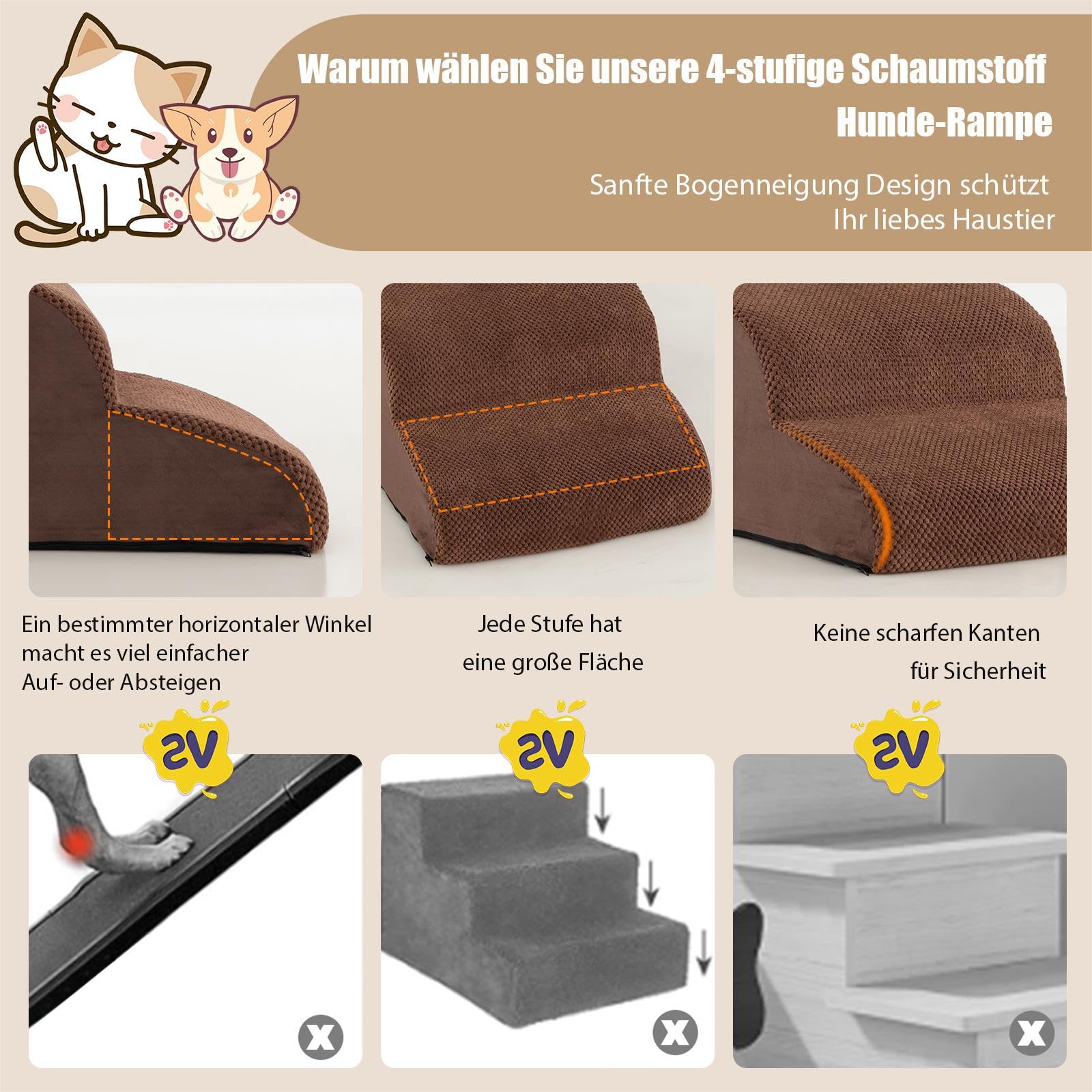 SOARS Scaletta per Cani a 4 Gradini in Spugna, Rampa per Animali Copertura Rimovibile e Lavabile Antiscivolo con Spazzola, Scala per Divano e Letto, per Cuccioli e Anziani, 72 x 41 x 51 cm (Marrone)