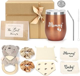 Baby Shower Gifts, Newborn Baby Hamper Basket, Gift Set for Newborn Unisex, Boy, Girl - New Baby Gift with Gift Bag for Mum, Insulated Cup, Baby Bib, Rattle, Decison Coin - New Parents Hamper