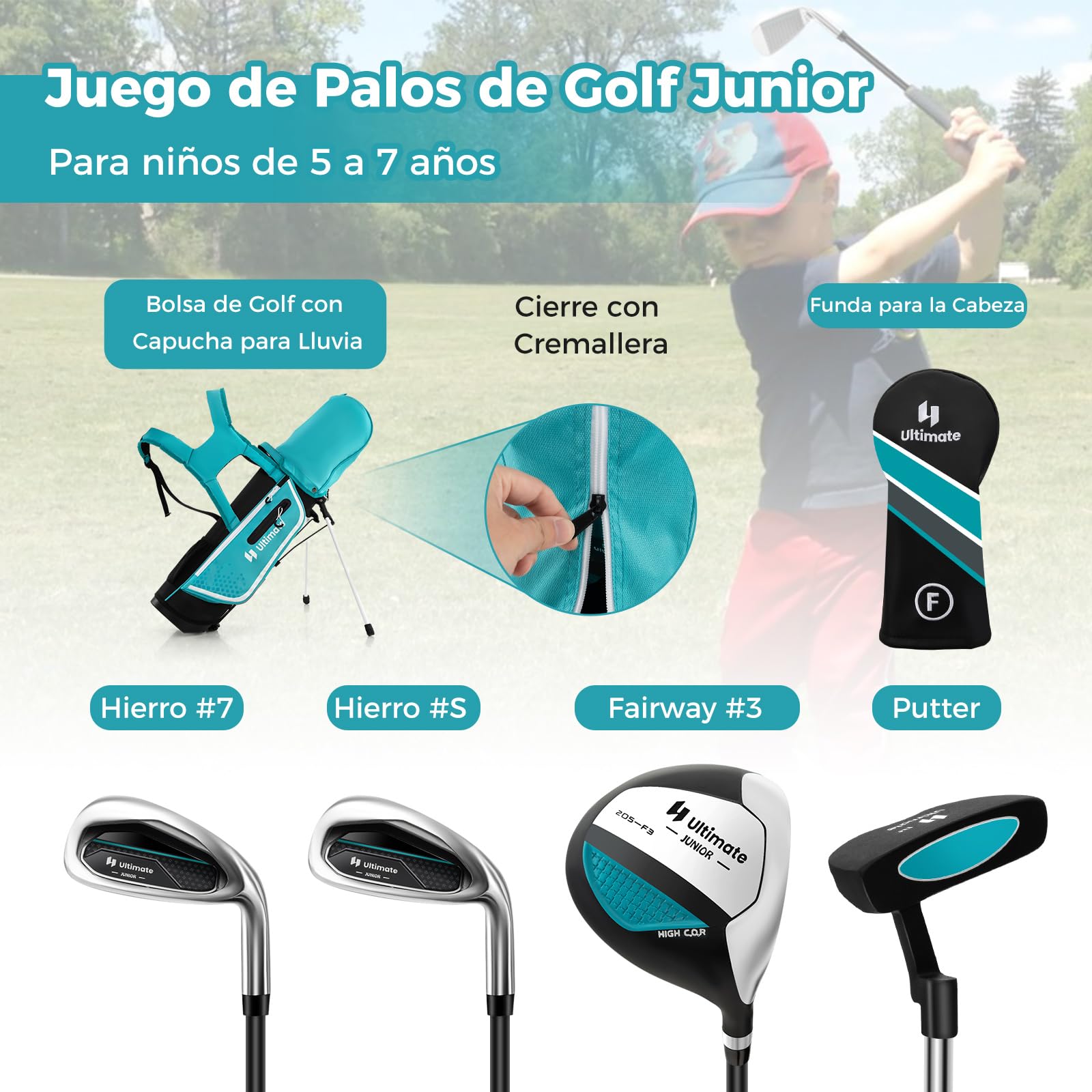 COSTWAY Juego de Palos de Golf para Niños de 5 a 7 Años, Incl. Bolsa de Soporte con Capucha para Lluvia, Fairway N.º 3, Hierros y Putter N.º 7#S para Diestros