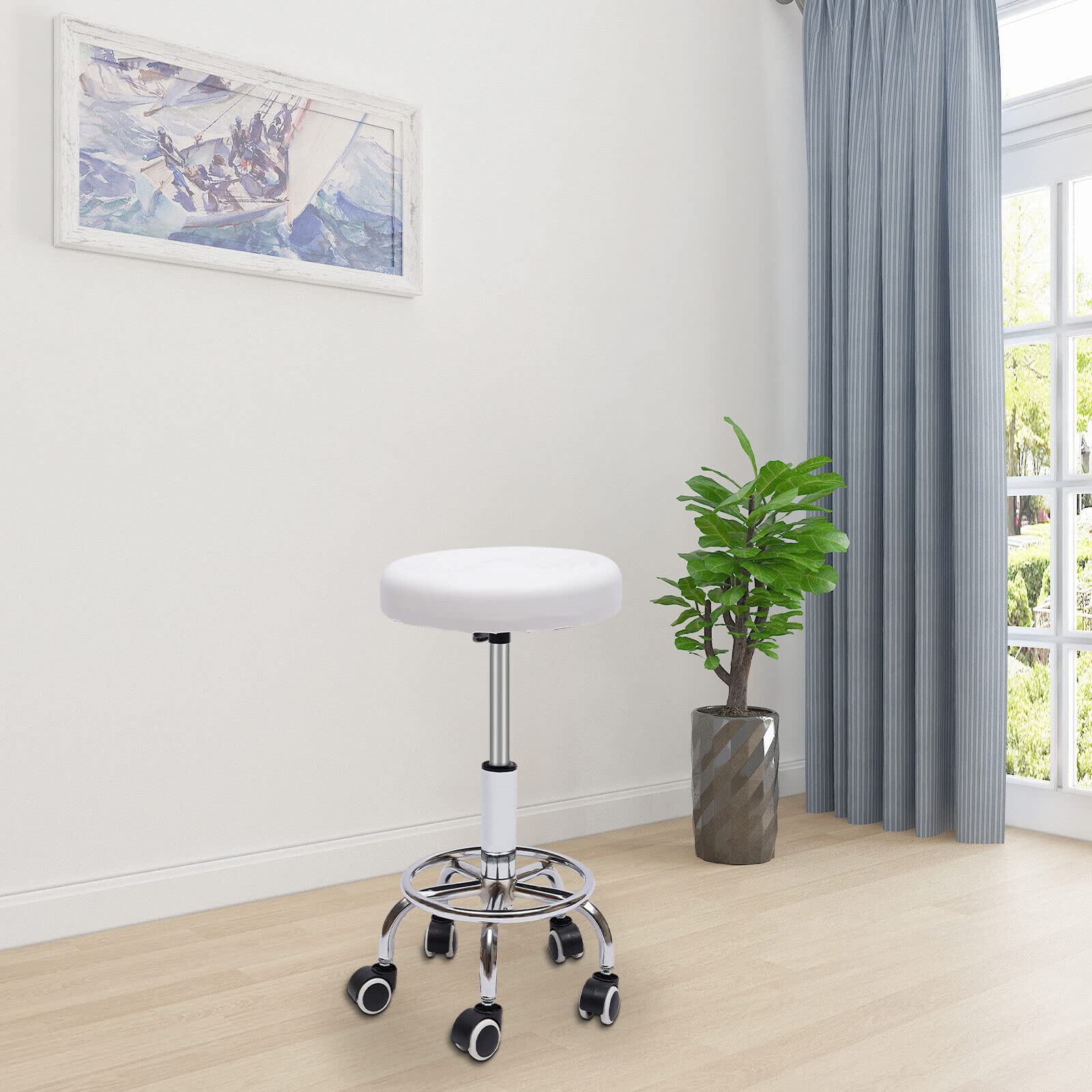 Sgabello girevole da lavoro, 33 cm, altezza regolabile, da barbiere, girevole a 360°, per ufficio, salone, massaggio, spa, ergonomia, girevole in altezza, colore: bianco, NGI7WDBKF-DKTD